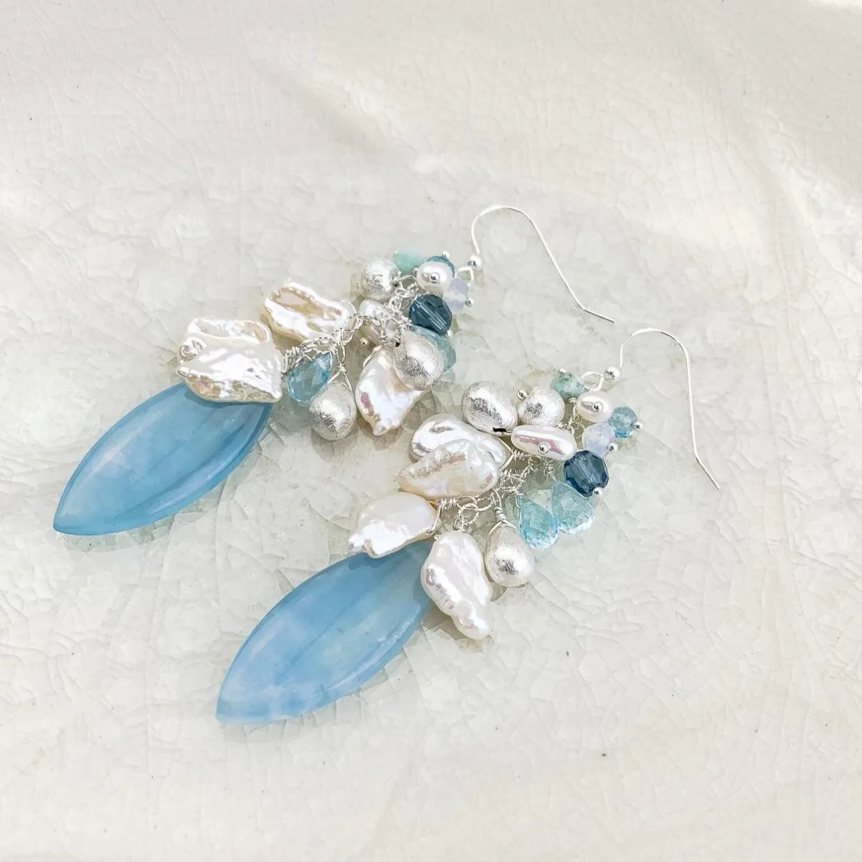 Limited Edition Aquamarine Marquee Pearl Cluster Earrings