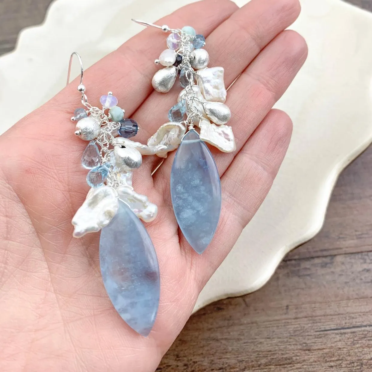 Limited Edition Aquamarine Marquee Pearl Cluster Earrings