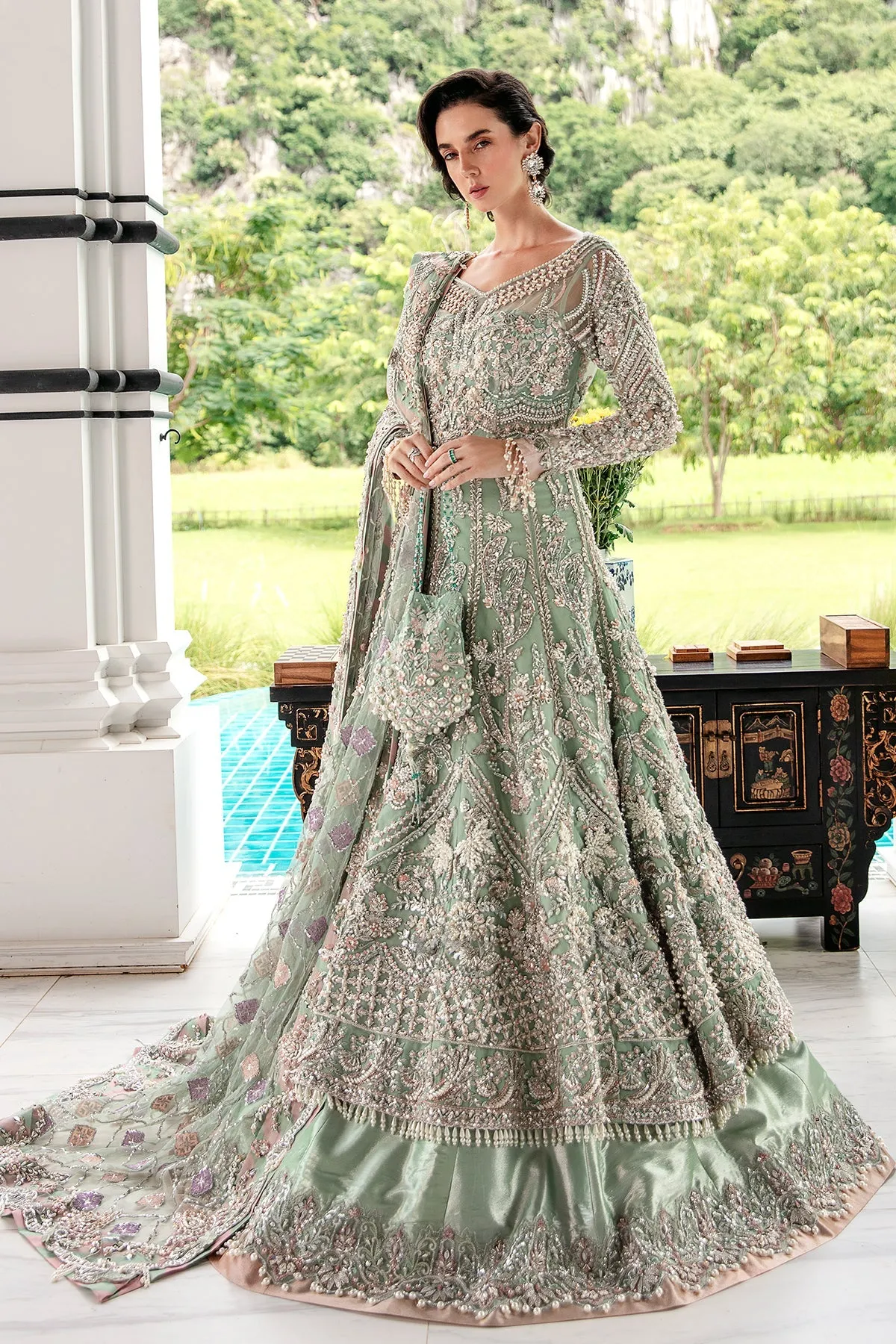 Luxury Mint Green Embroidered Pakistani Wedding Wear Pishwas Lehenga