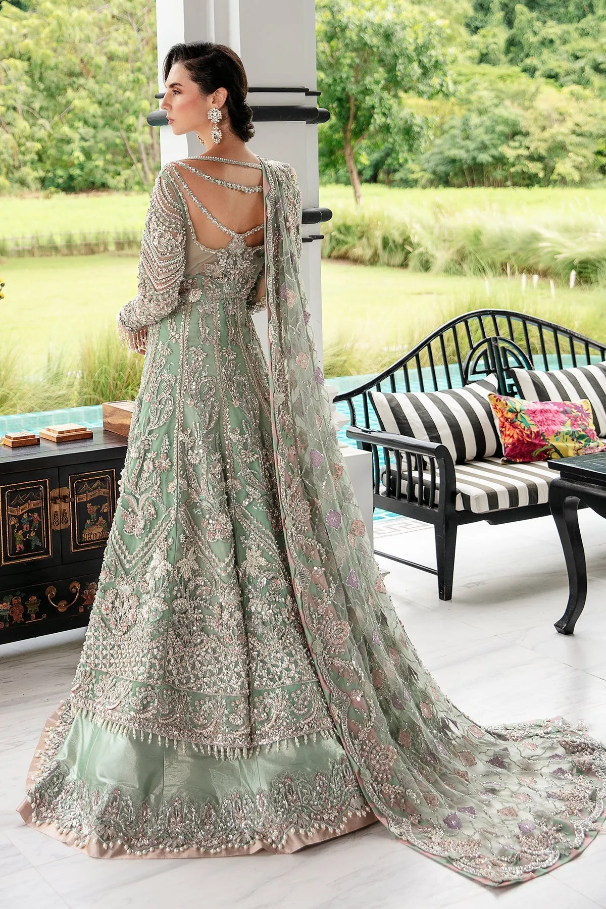 Luxury Mint Green Embroidered Pakistani Wedding Wear Pishwas Lehenga