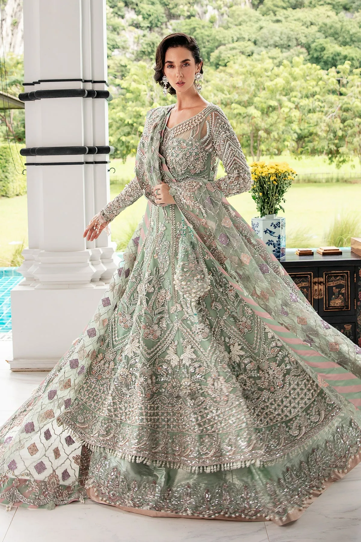 Luxury Mint Green Embroidered Pakistani Wedding Wear Pishwas Lehenga