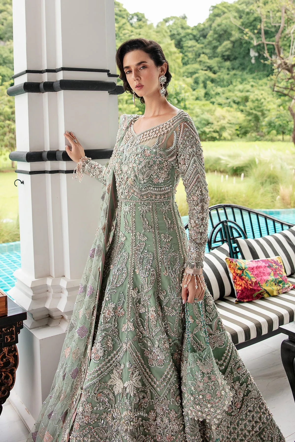 Luxury Mint Green Embroidered Pakistani Wedding Wear Pishwas Lehenga