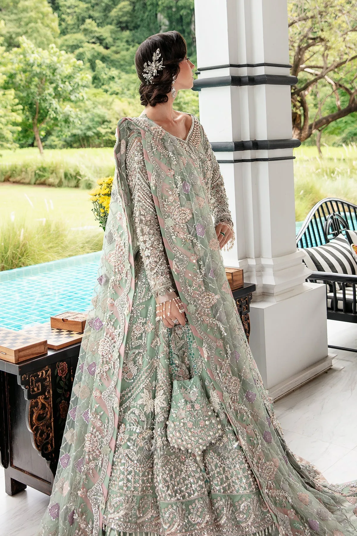 Luxury Mint Green Embroidered Pakistani Wedding Wear Pishwas Lehenga