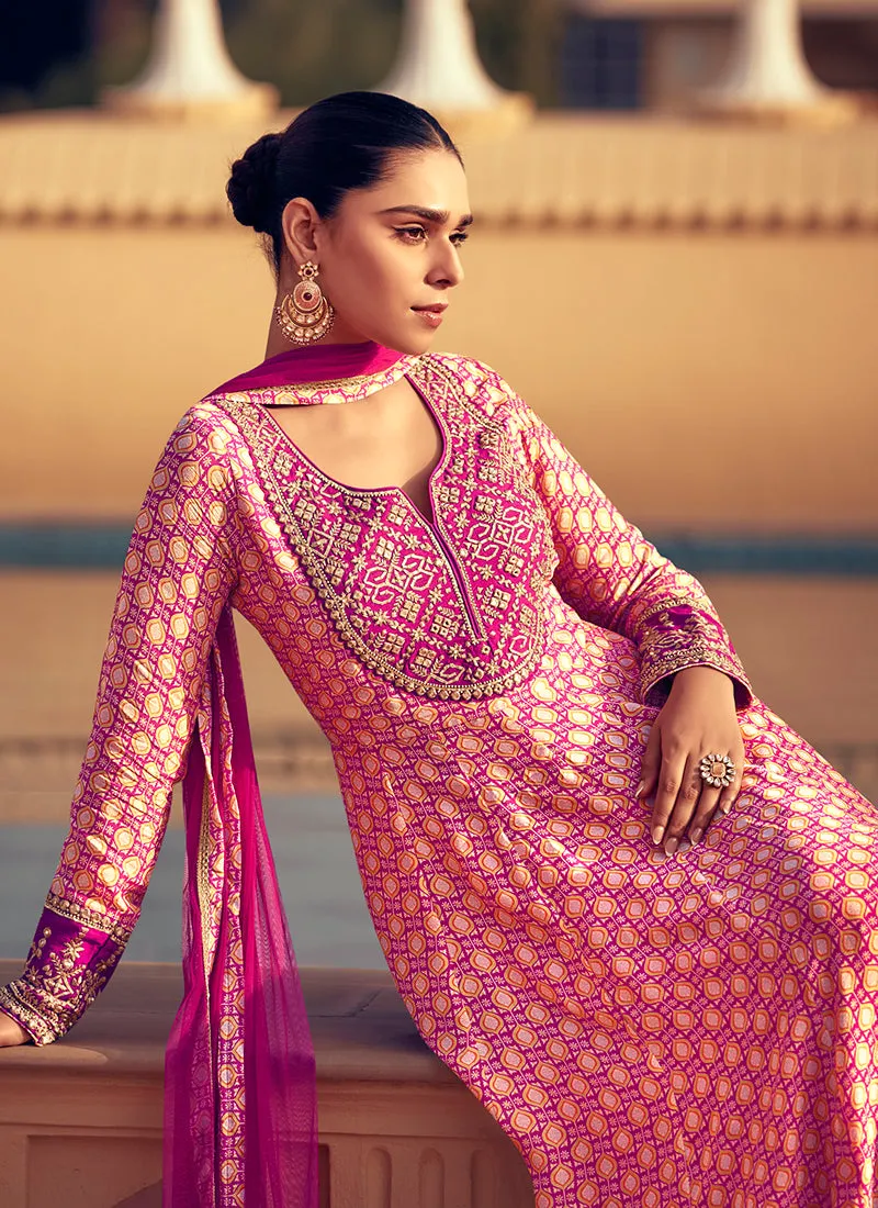 Magenta Pink Embroidered Anarkali Pant Style Suit