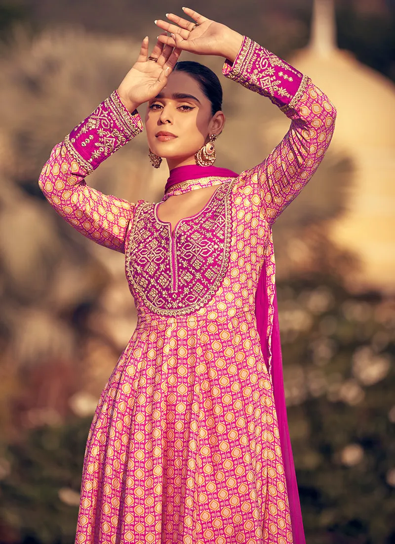 Magenta Pink Embroidered Anarkali Pant Style Suit