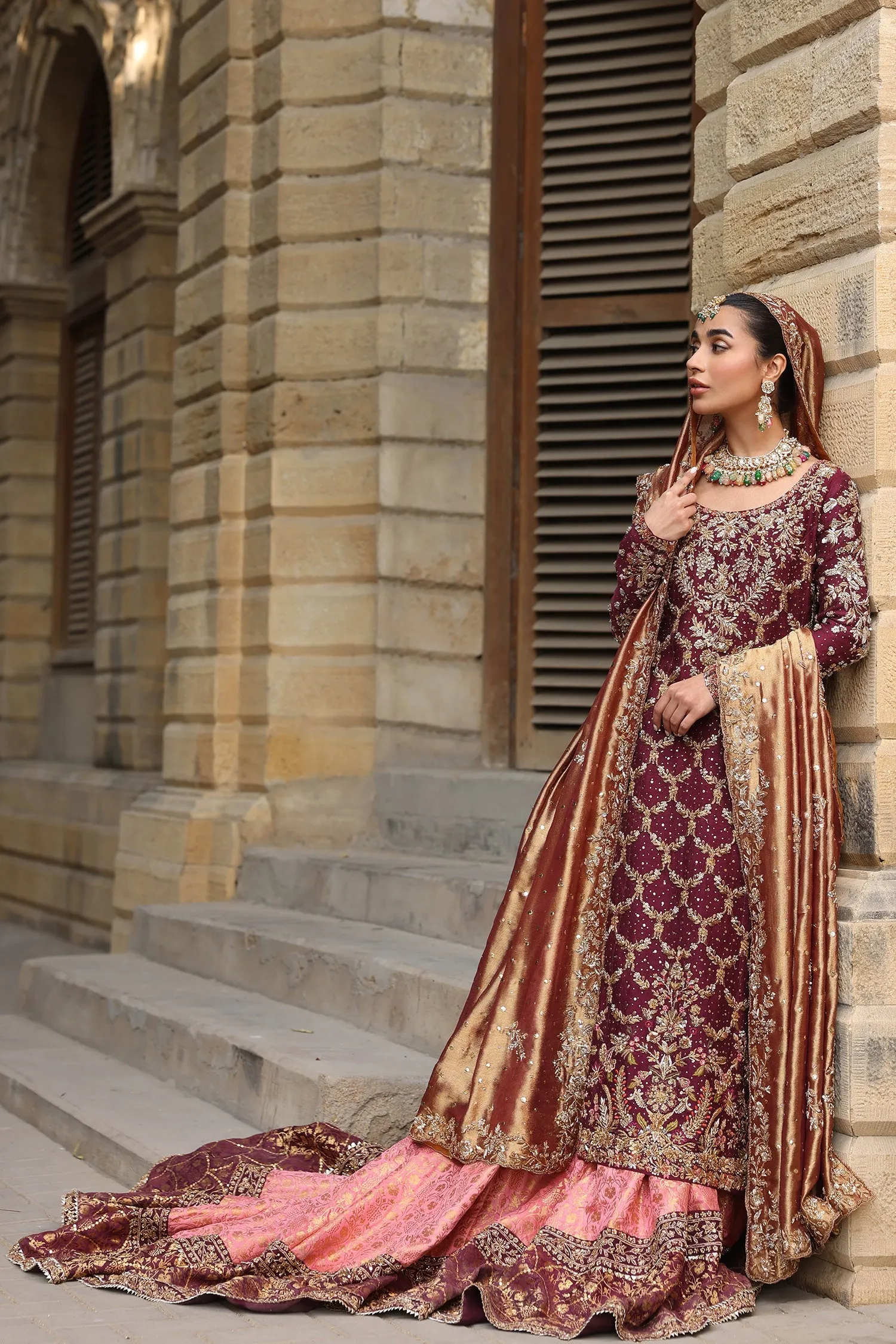 Maroon Red Long Kameez Lehenga Pakistani Bridal Dresses