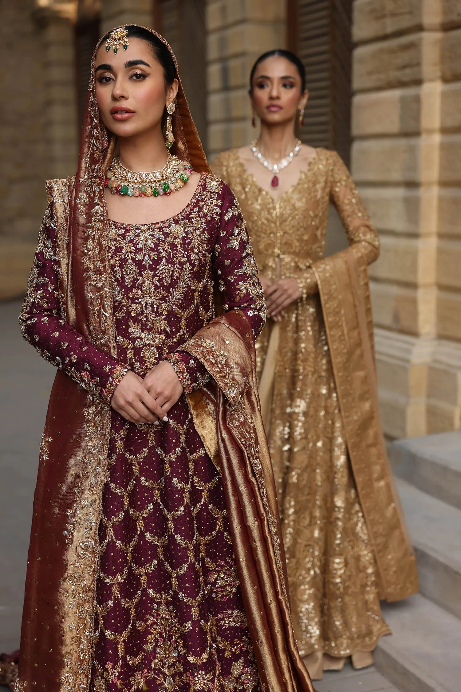 Maroon Red Long Kameez Lehenga Pakistani Bridal Dresses