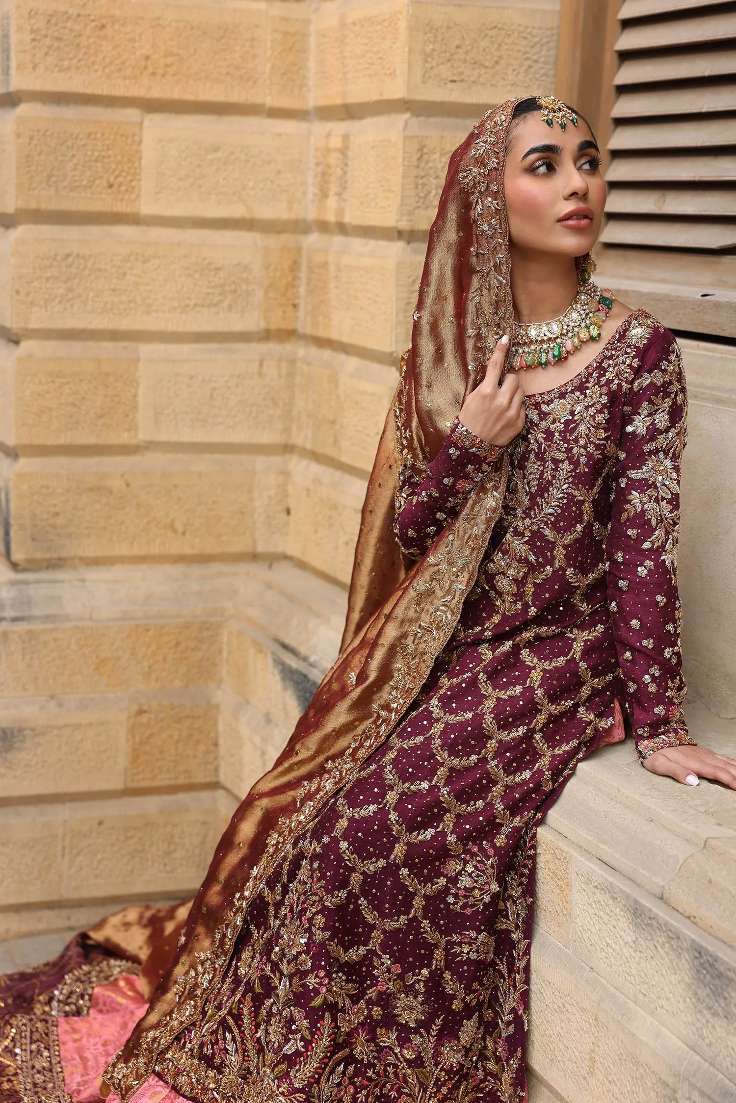 Maroon Red Long Kameez Lehenga Pakistani Bridal Dresses