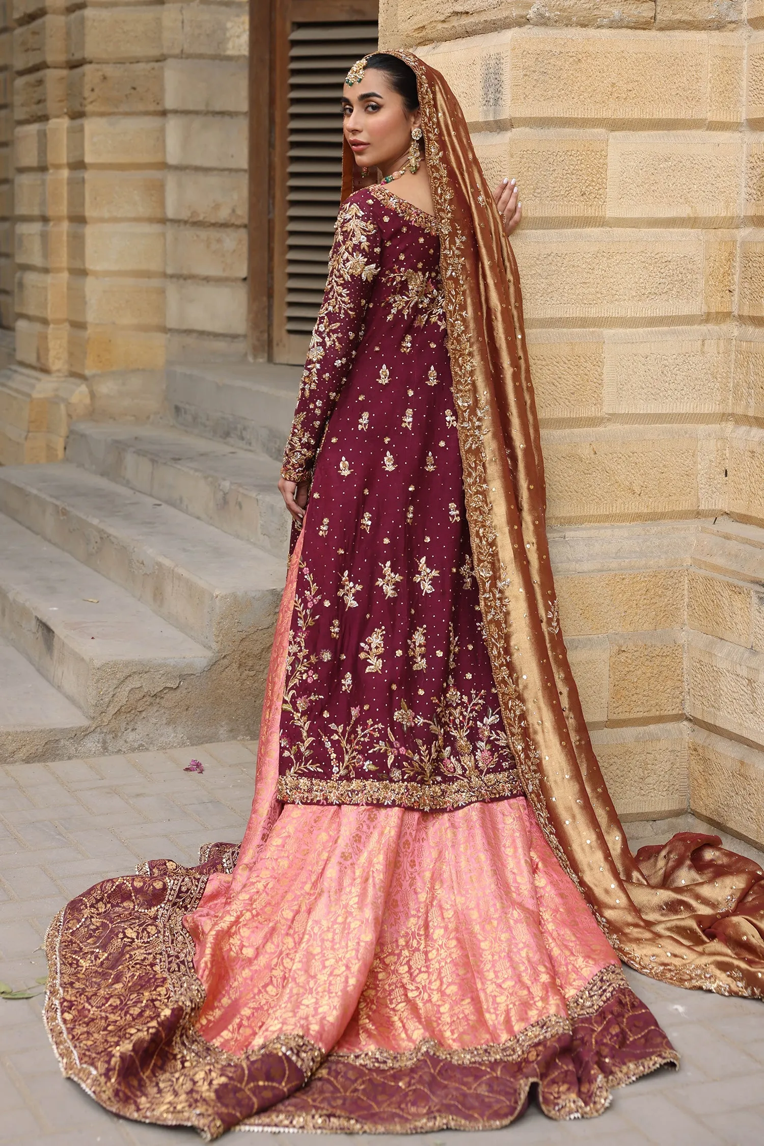 Maroon Red Long Kameez Lehenga Pakistani Bridal Dresses