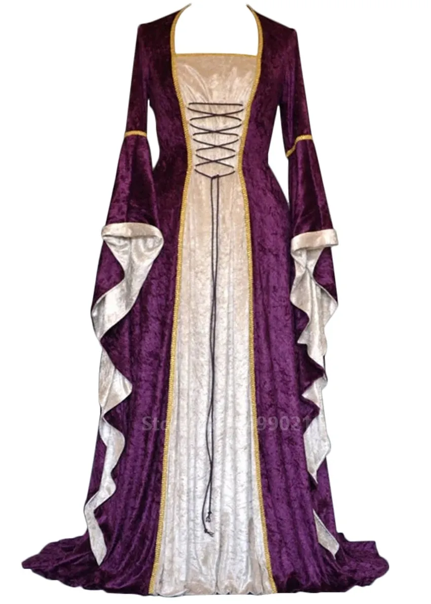 Medieval Princess Cosplay Halloween Costume Long Dress Elegant Witch Square Collar Masquerade Wear