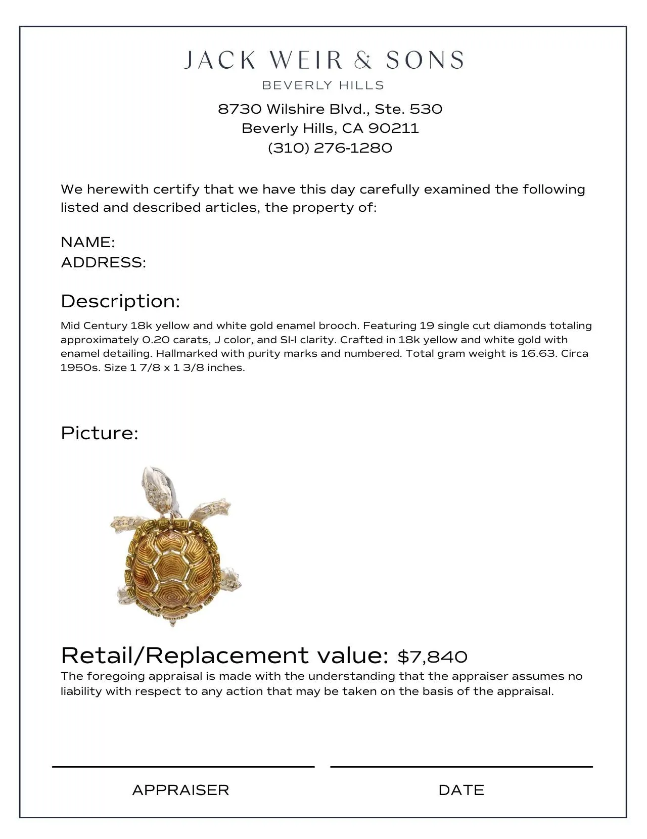Mid Century diamond 18k gold enamel turtle brooch