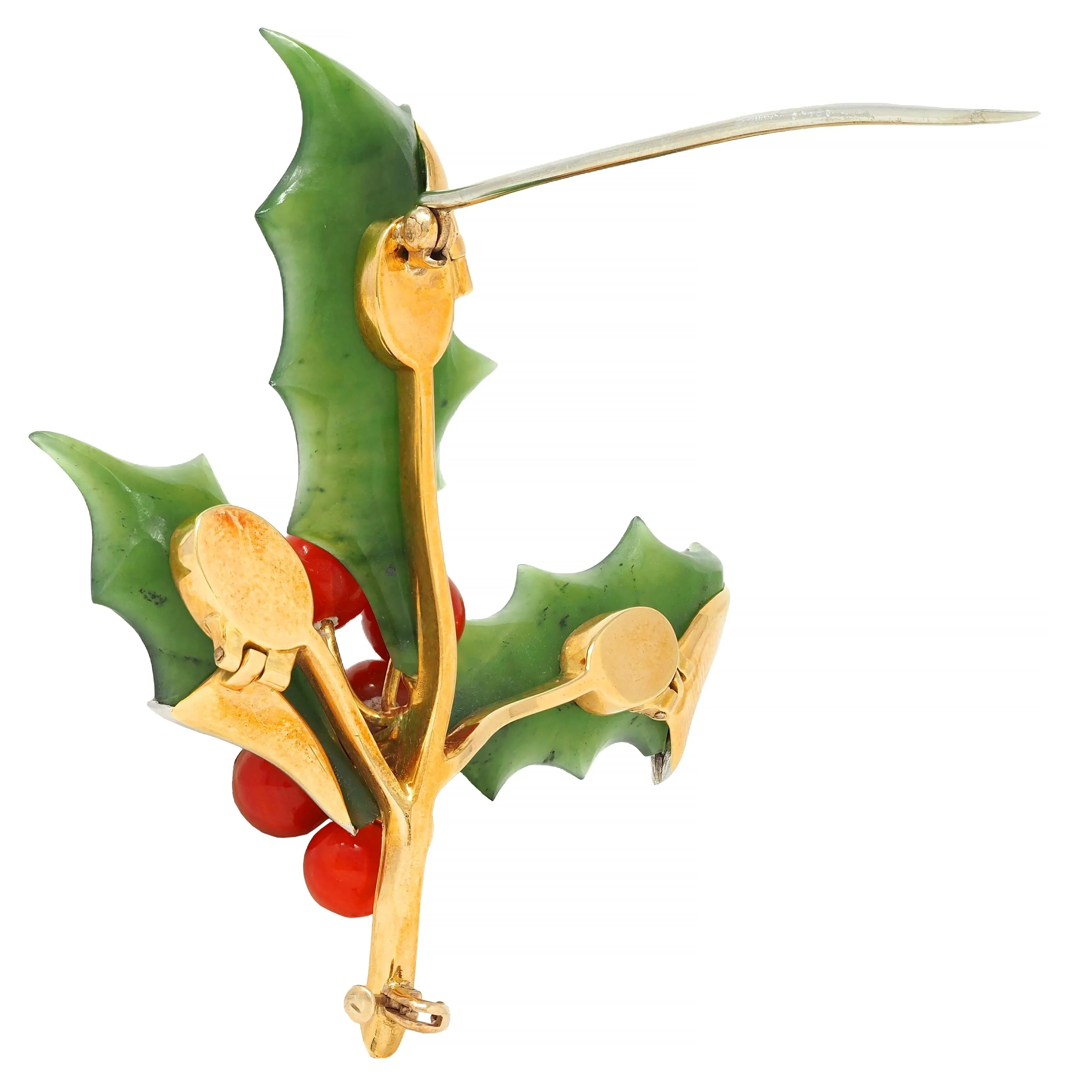 Mid-Century Diamond Nephrite Jade Carnelian Platinum 14 Karat Gold Vintage Holly Brooch