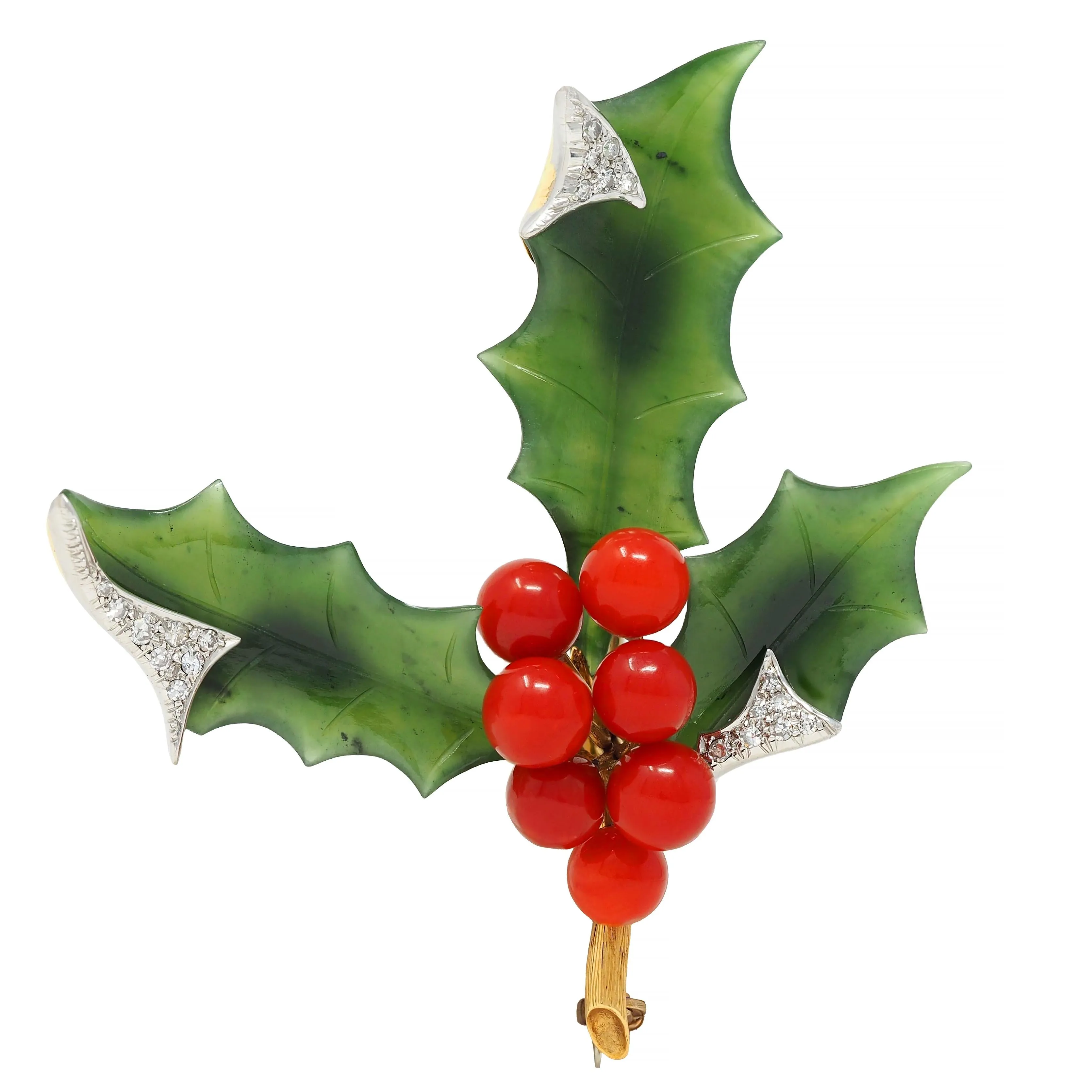Mid-Century Diamond Nephrite Jade Carnelian Platinum 14 Karat Gold Vintage Holly Brooch