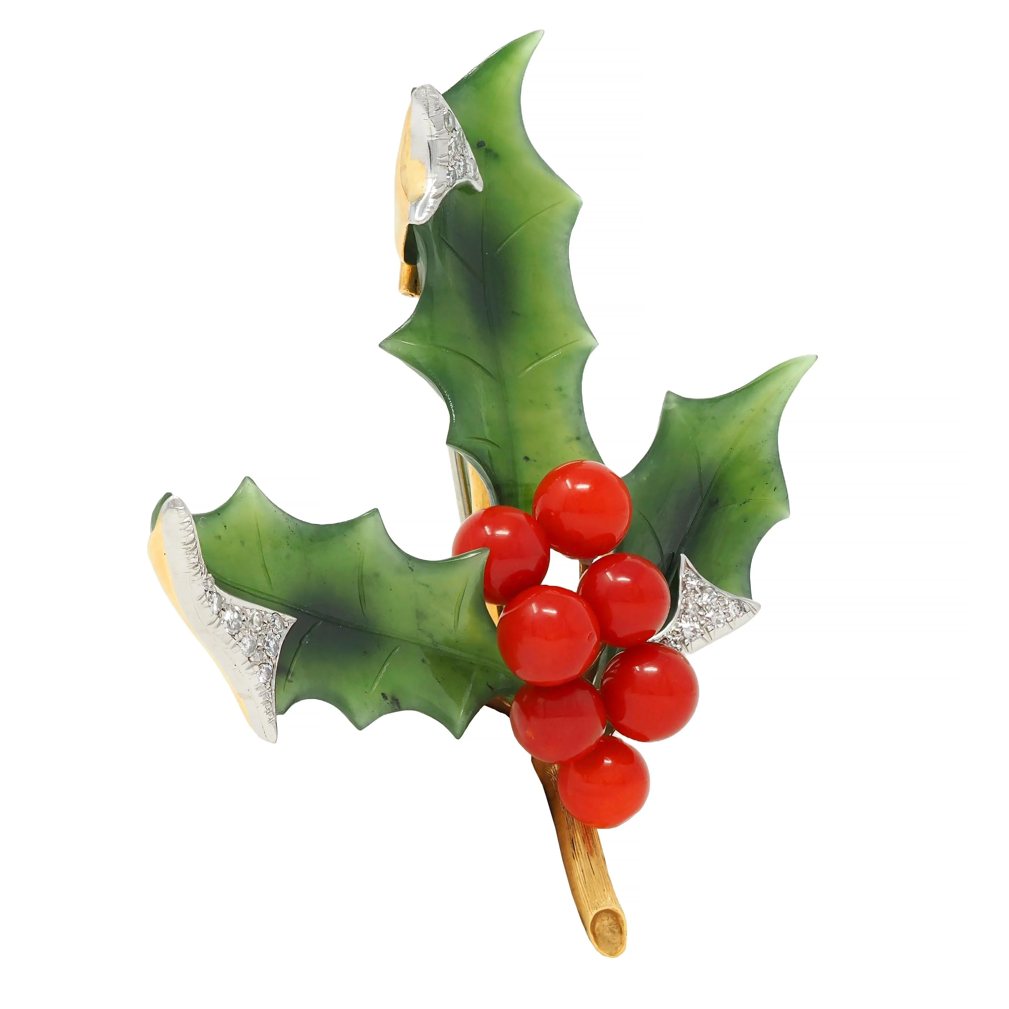 Mid-Century Diamond Nephrite Jade Carnelian Platinum 14 Karat Gold Vintage Holly Brooch