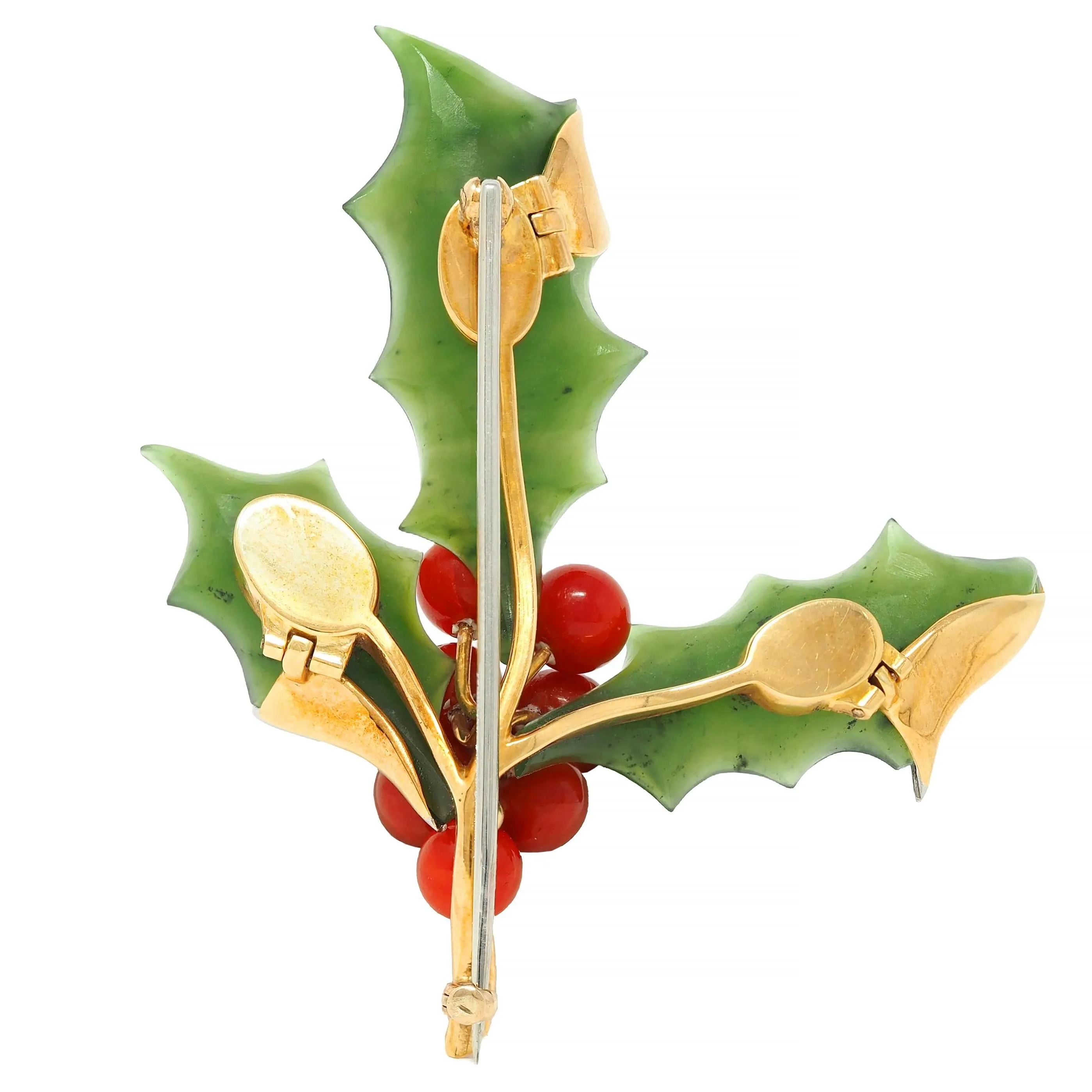 Mid-Century Diamond Nephrite Jade Carnelian Platinum 14 Karat Gold Vintage Holly Brooch