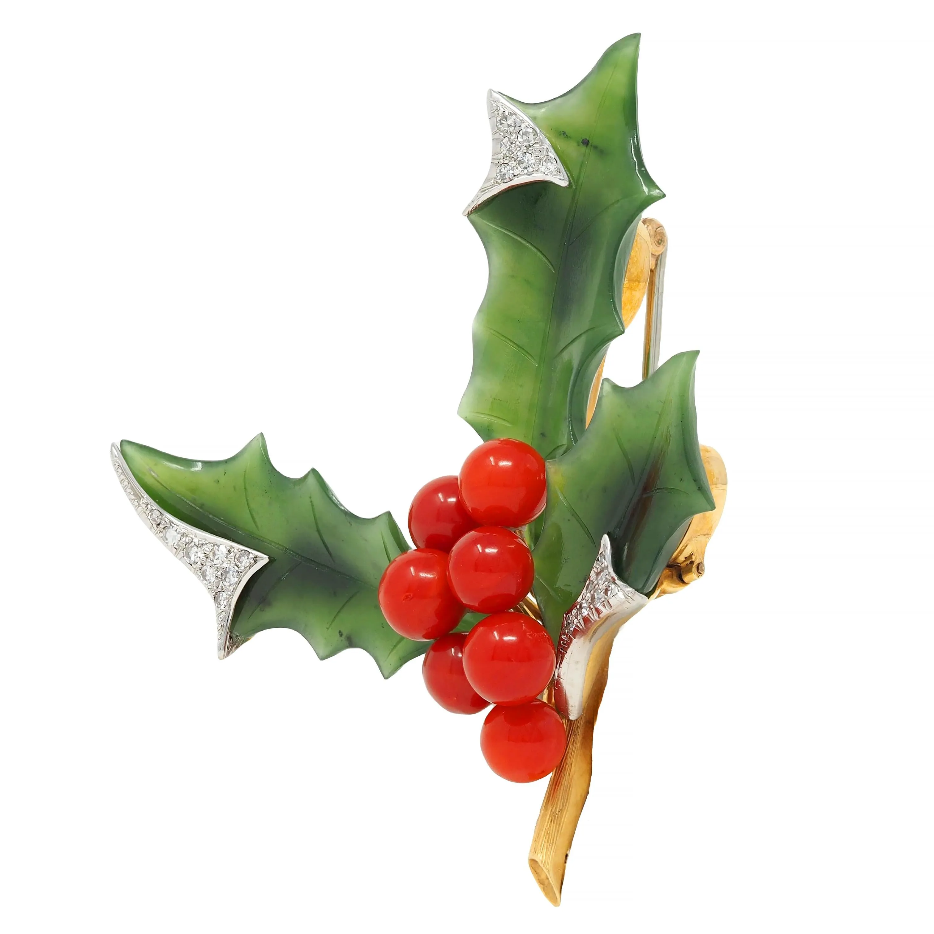 Mid-Century Diamond Nephrite Jade Carnelian Platinum 14 Karat Gold Vintage Holly Brooch