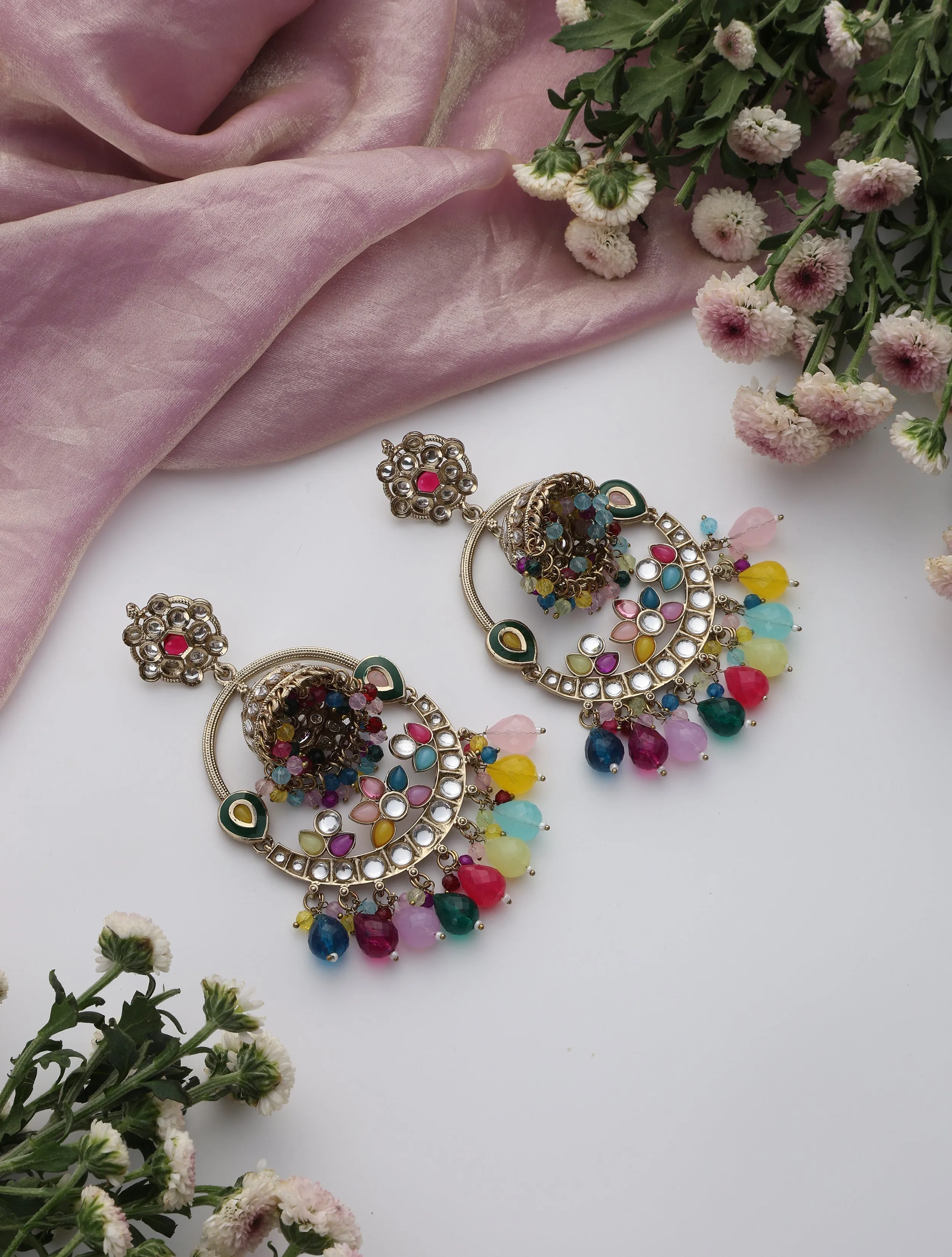 Multi Color Round Kundan Jhumka Earrings