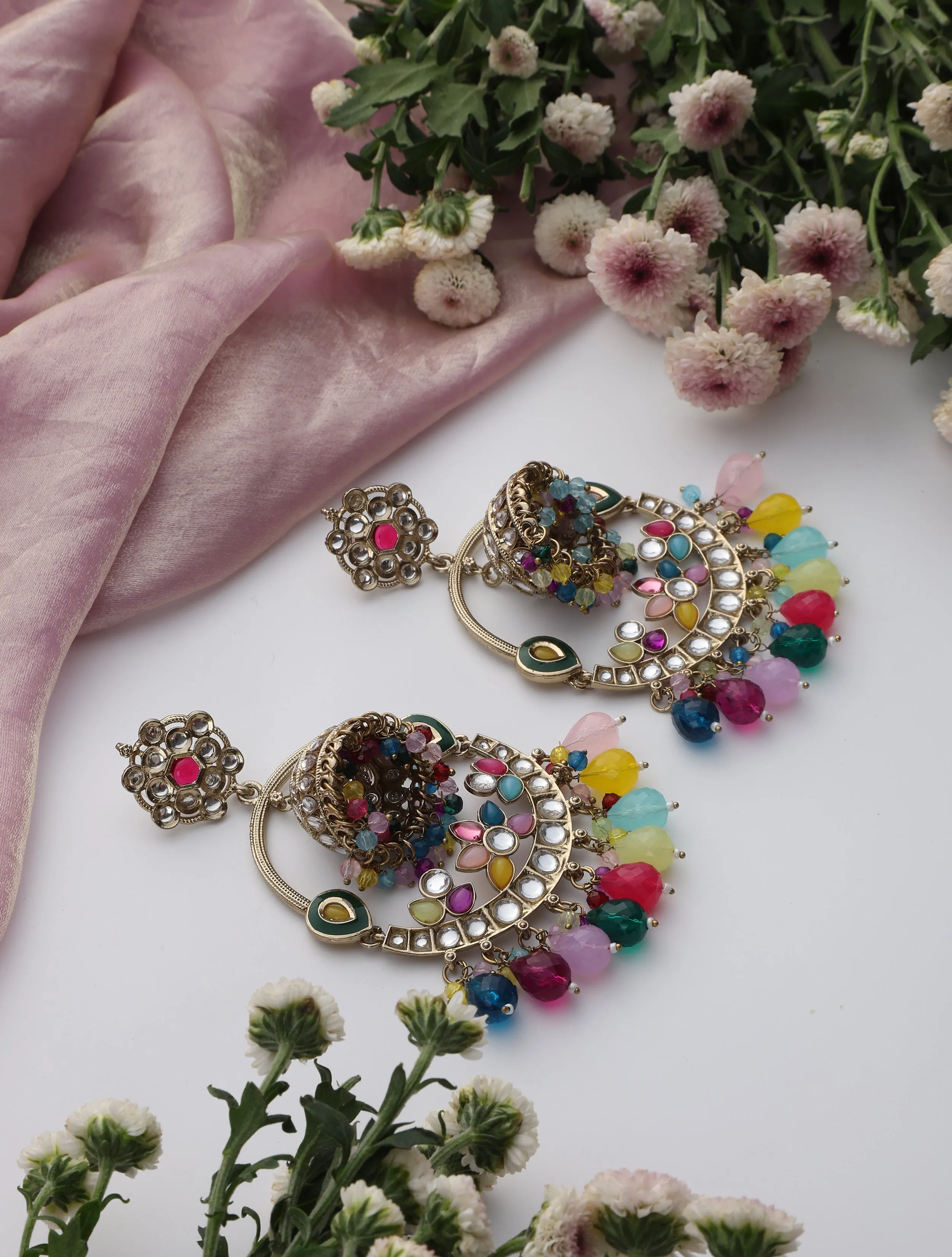 Multi Color Round Kundan Jhumka Earrings