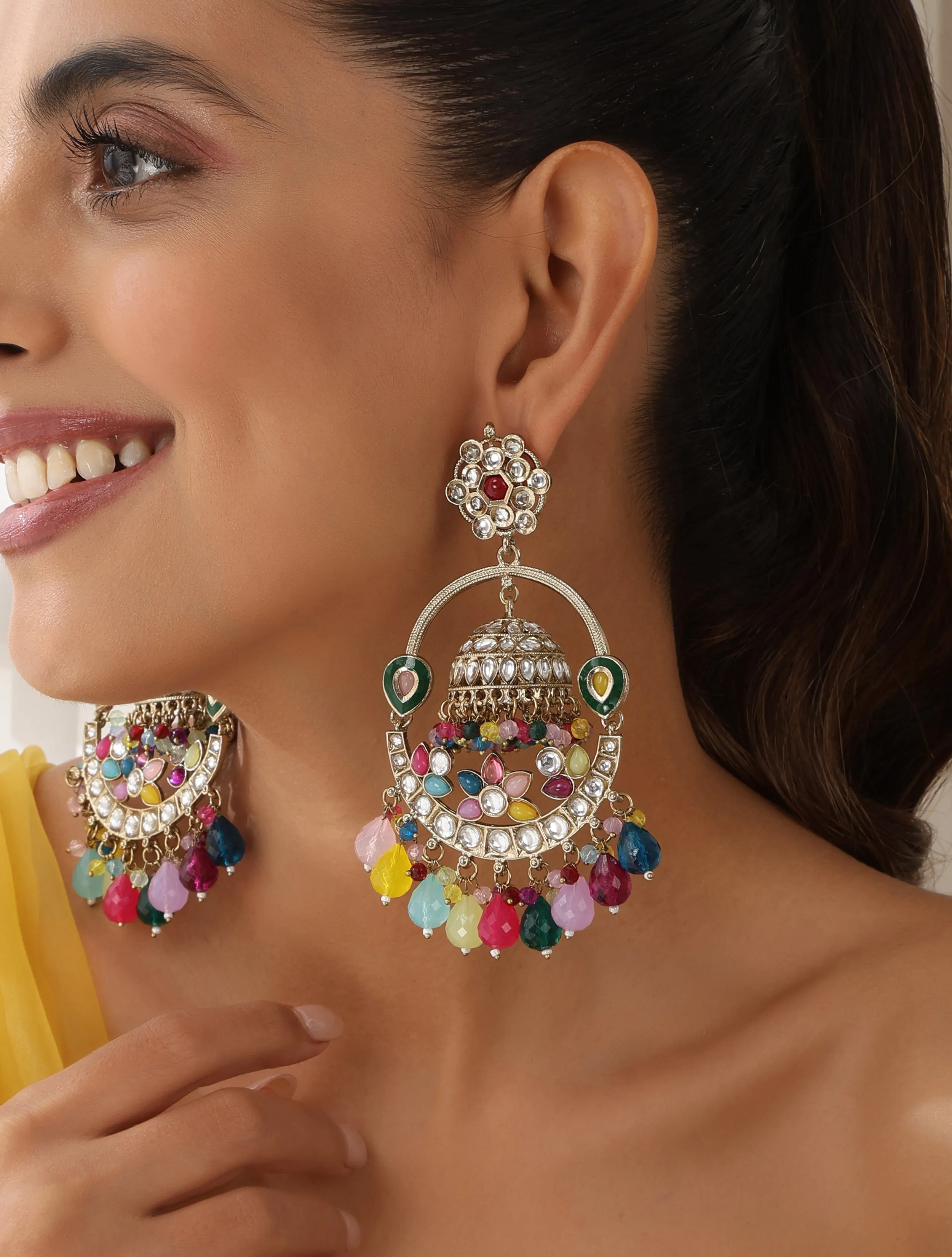 Multi Color Round Kundan Jhumka Earrings