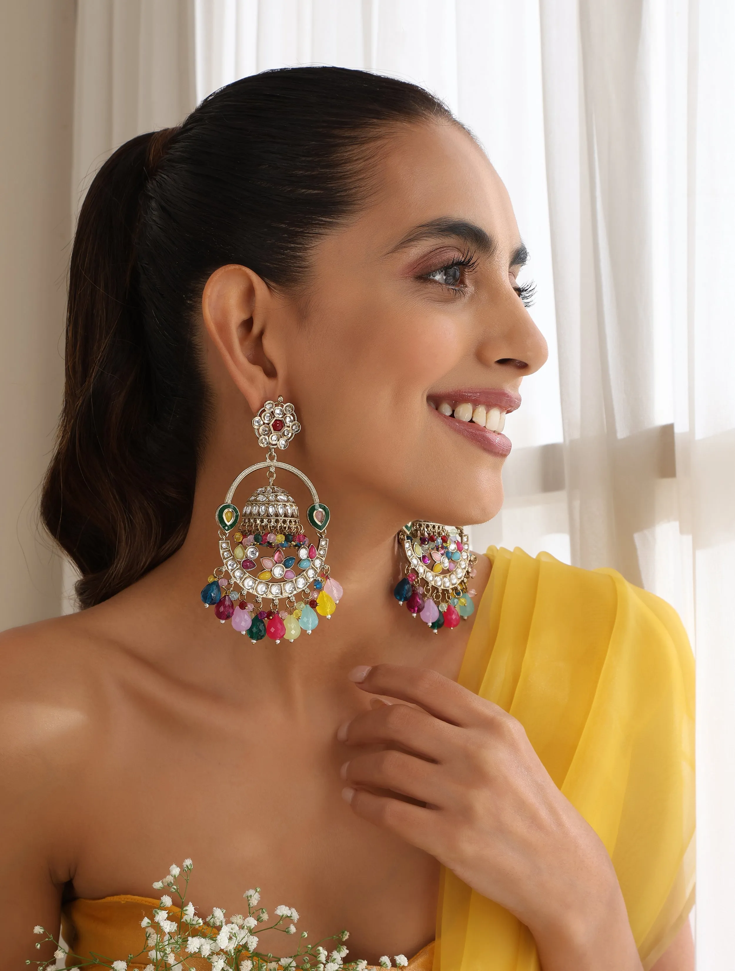 Multi Color Round Kundan Jhumka Earrings