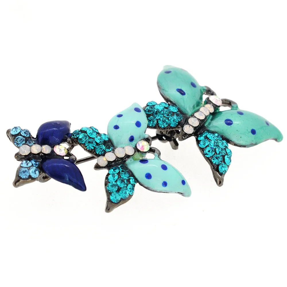 Multi Green Three Butterflies Crystal Pin Brooch