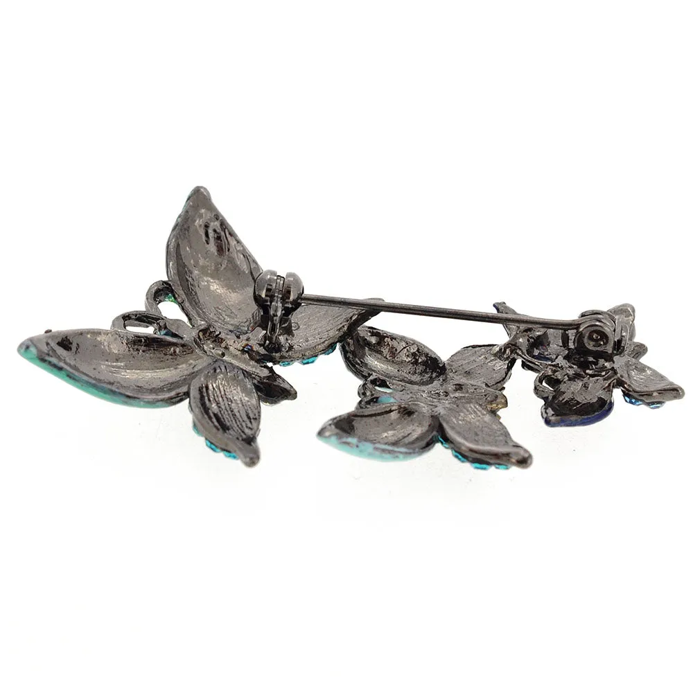 Multi Green Three Butterflies Crystal Pin Brooch