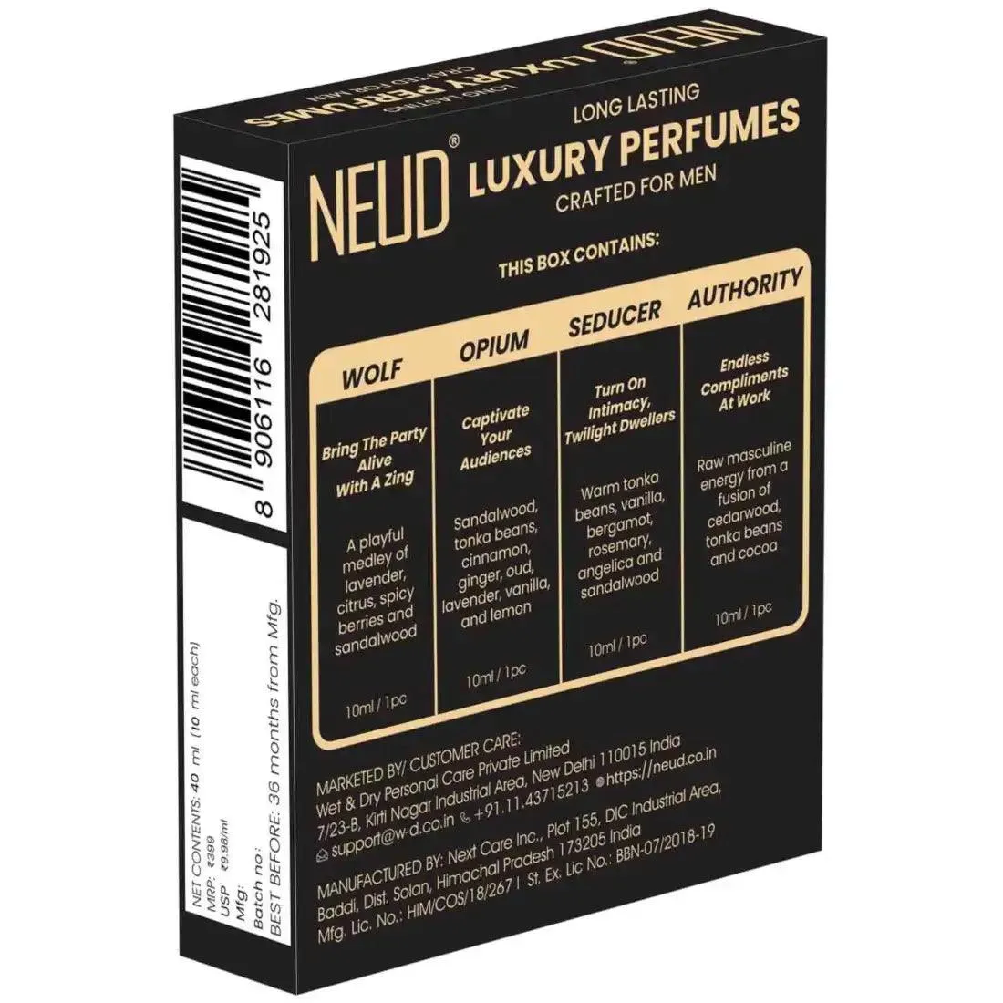 NEUD Luxury Pocket Perfume Gift Set for Men - Long Lasting Eau de Parfum (Citrus, Lavender, Cedarwood, Vanilla) - 4x10ml