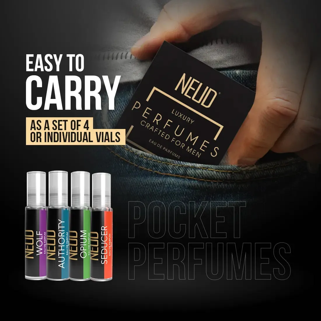 NEUD Luxury Pocket Perfume Gift Set for Men - Long Lasting Eau de Parfum (Citrus, Lavender, Cedarwood, Vanilla) - 4x10ml