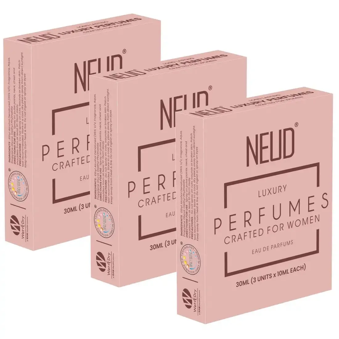 NEUD Luxury Pocket Perfume Gift Set for Women - Long Lasting Eau de Parfum (Fruity, Rose, Musk Fragrance) - 3x10ml