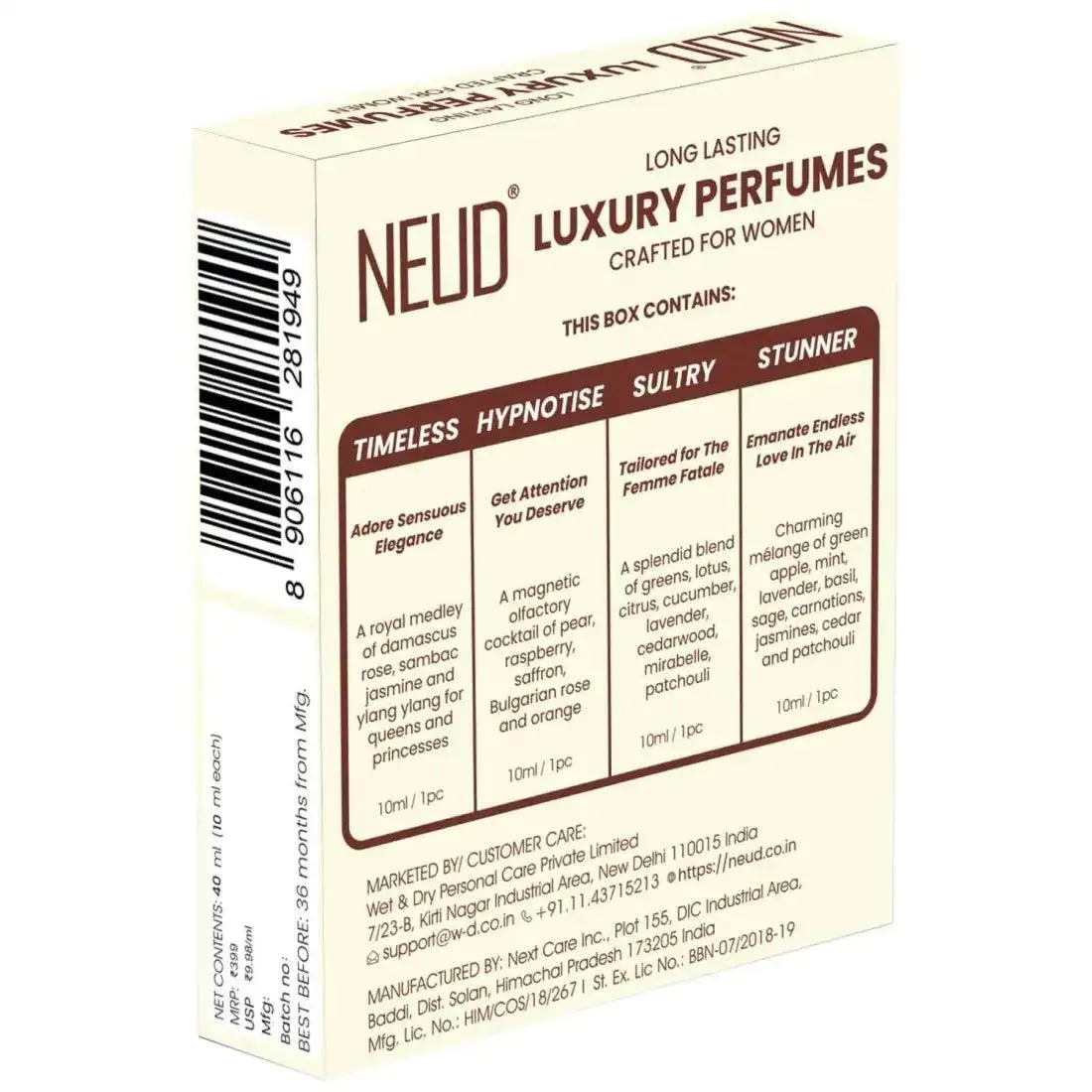 NEUD Luxury Pocket Perfume Gift Set for Women - Long Lasting Eau de Parfum (Fruity, Rose, Musk, Green Apple) - 4x10ml