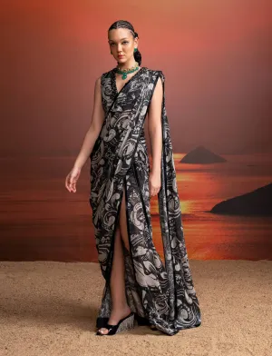 Noir printed embellished draped sari and blouse