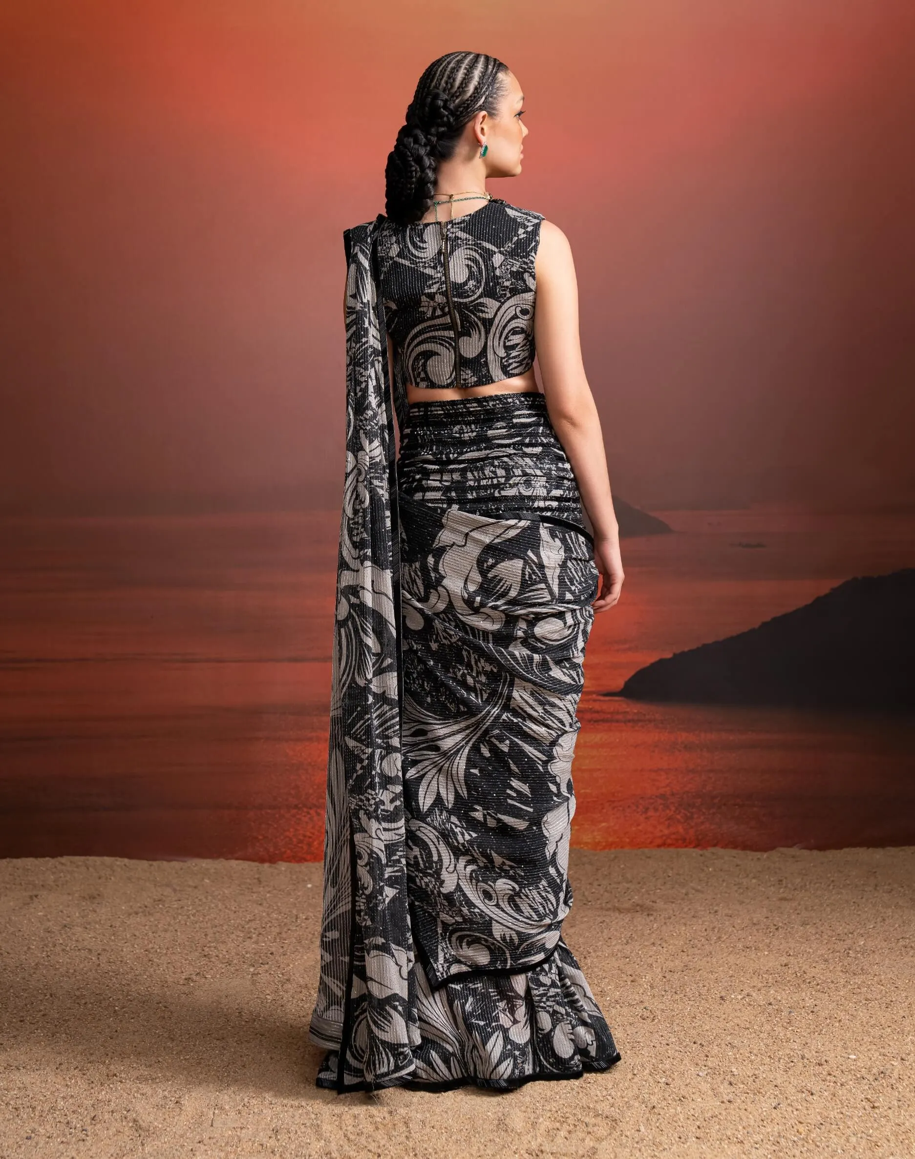 Noir printed embellished draped sari and blouse