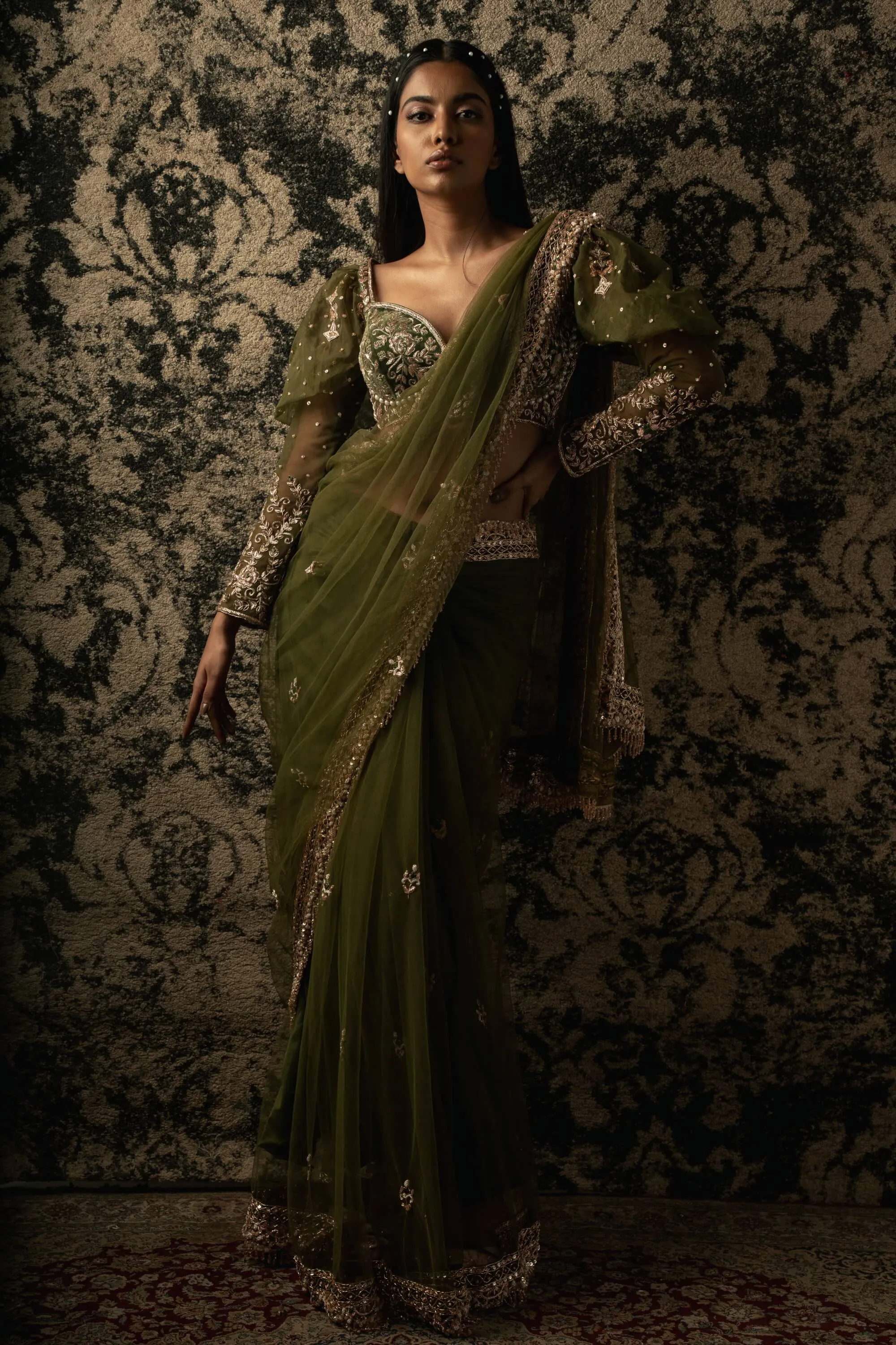 Olive green net sari set