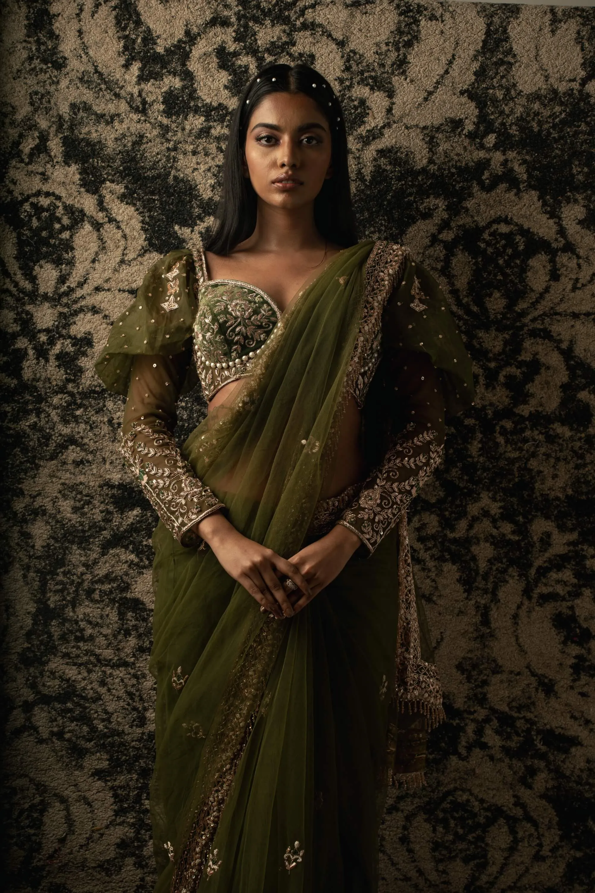 Olive green net sari set