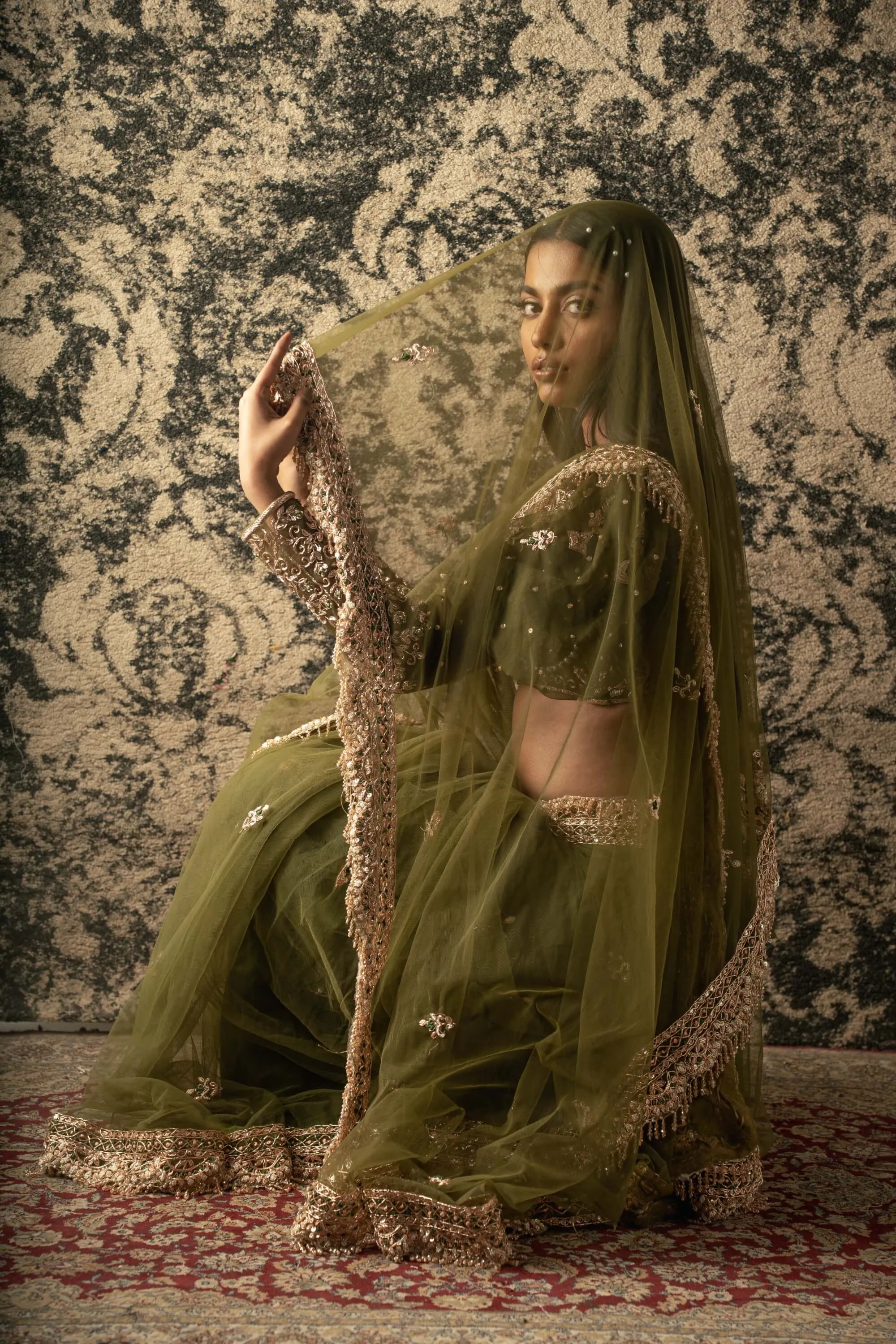 Olive green net sari set