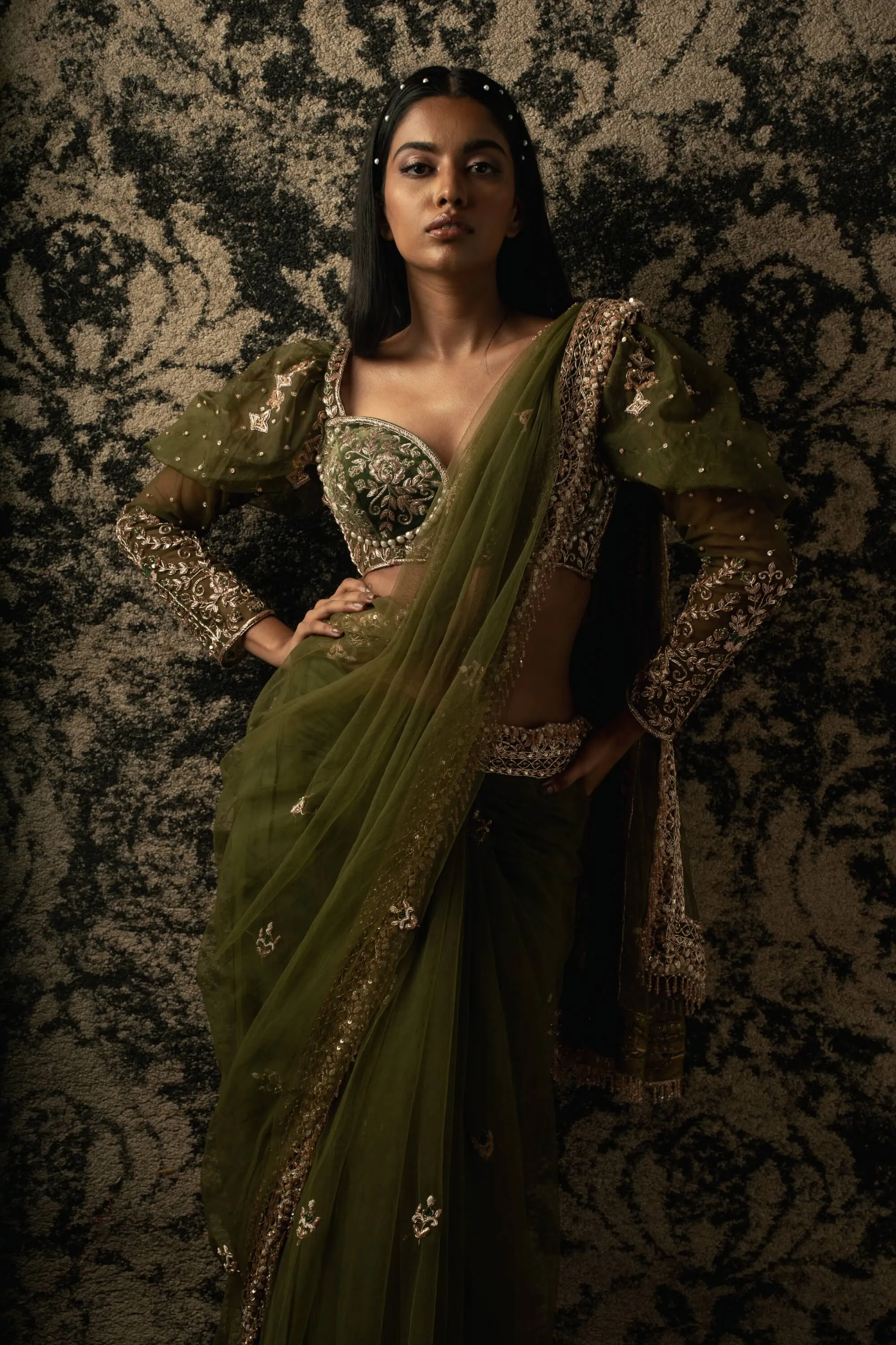 Olive green net sari set