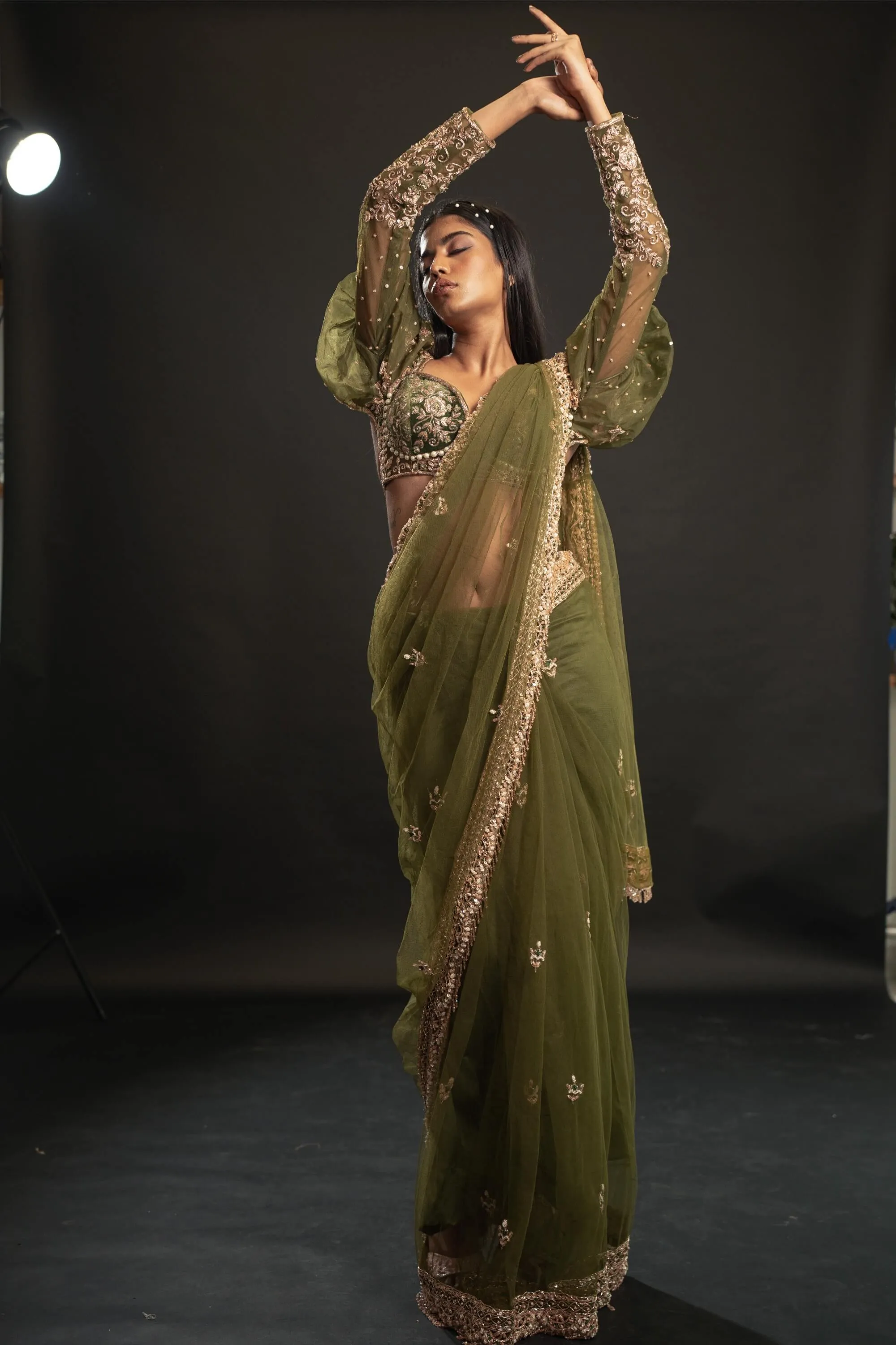 Olive green net sari set