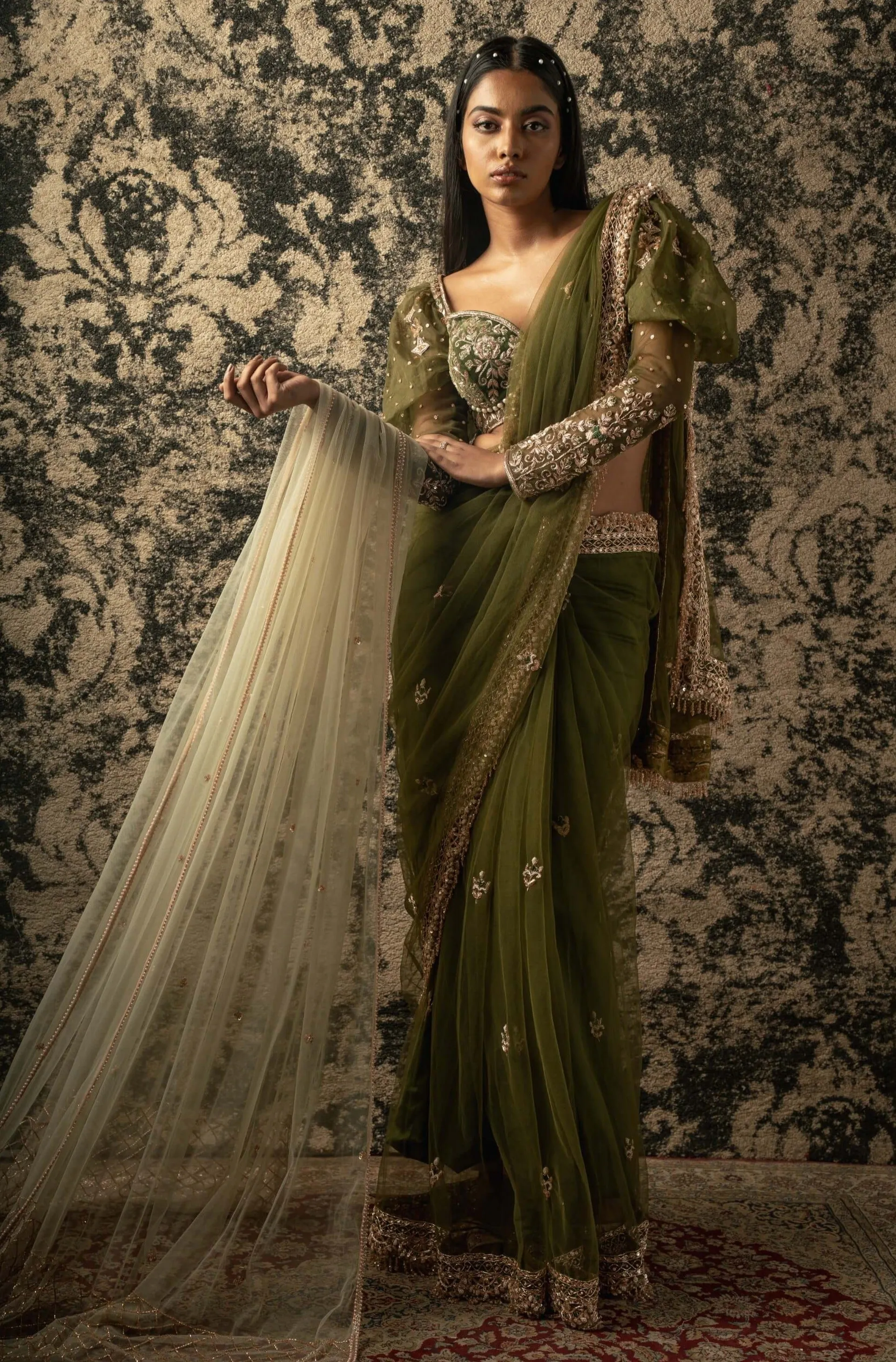 Olive green net sari set