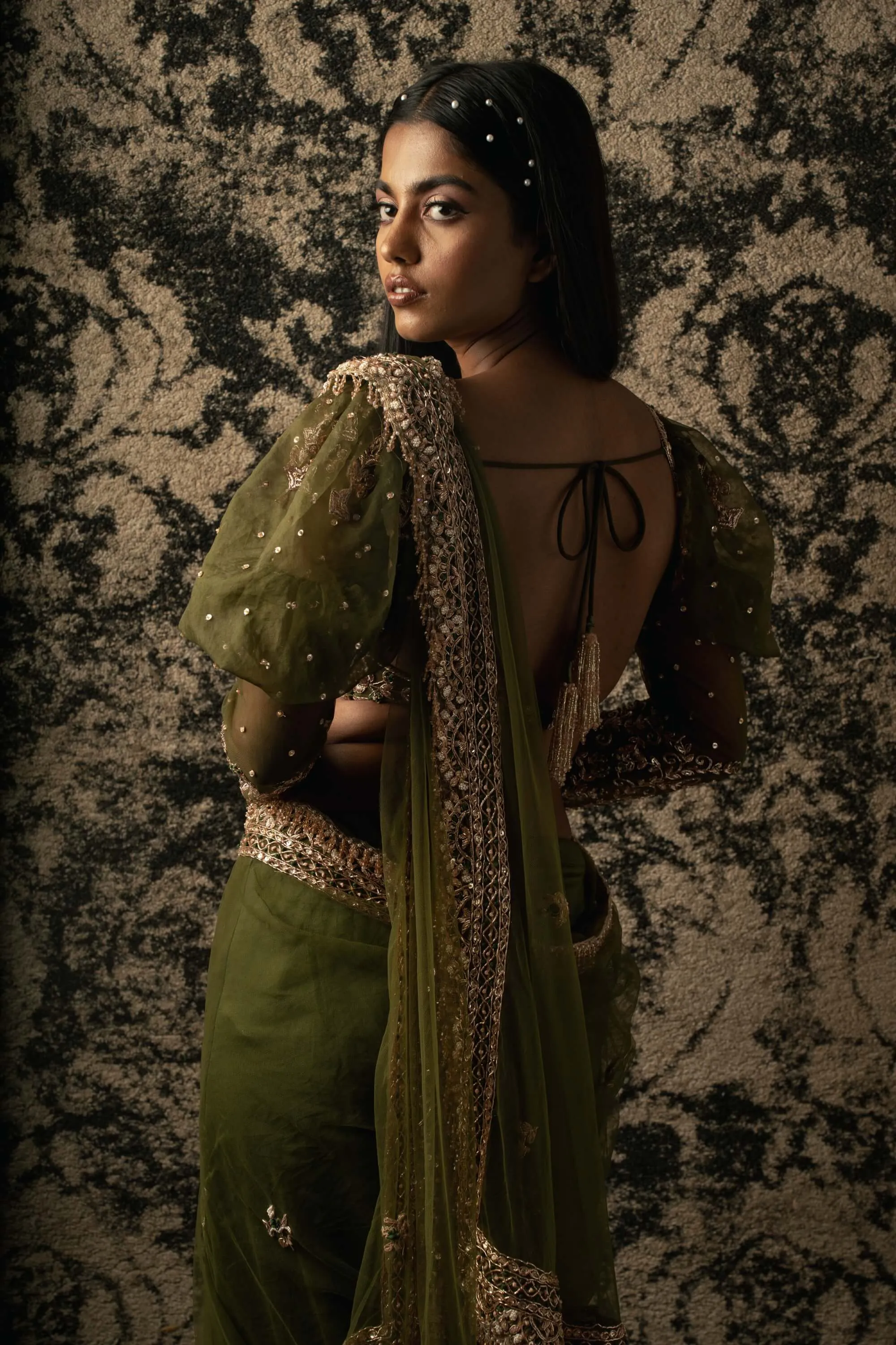 Olive green net sari set