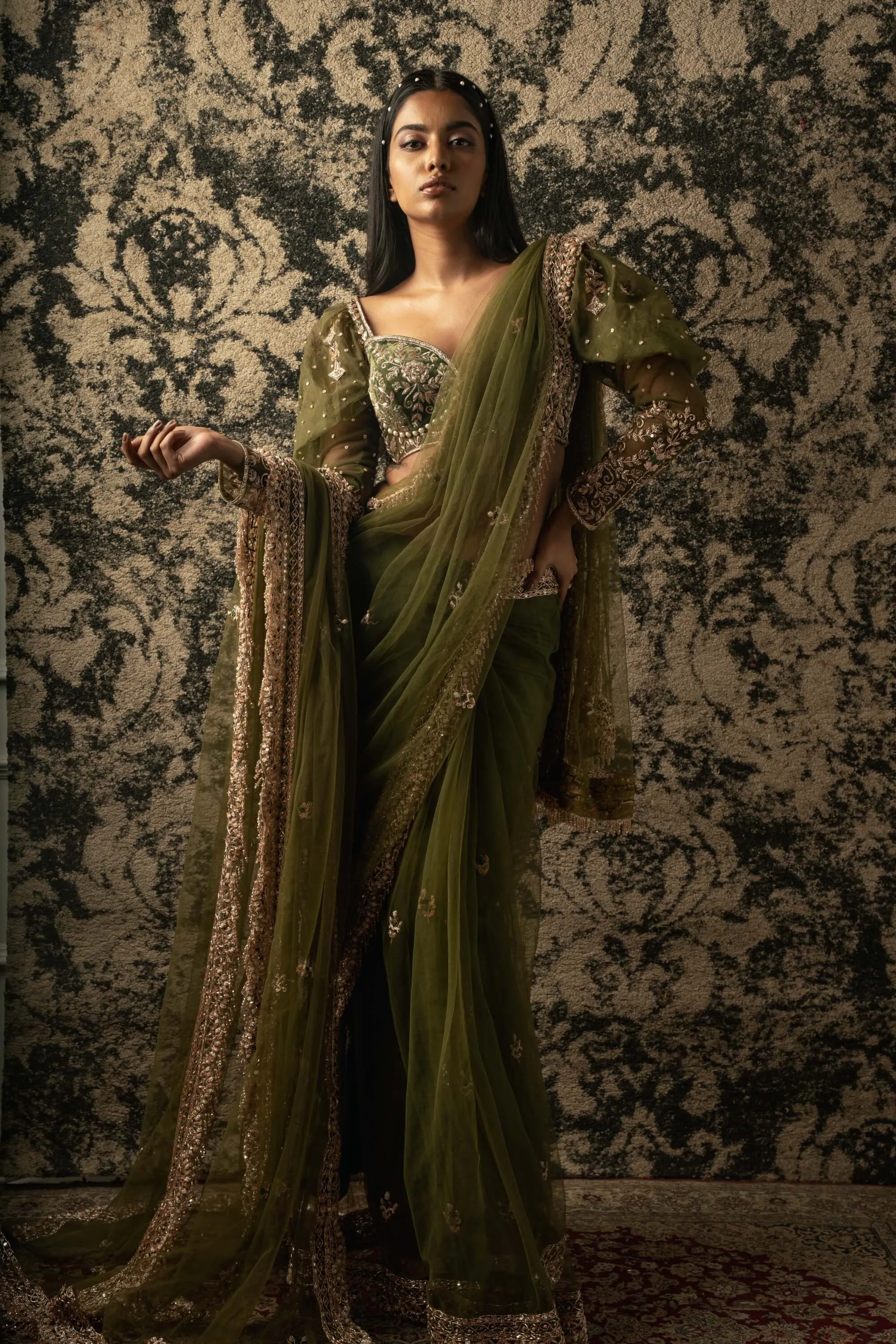 Olive green net sari set