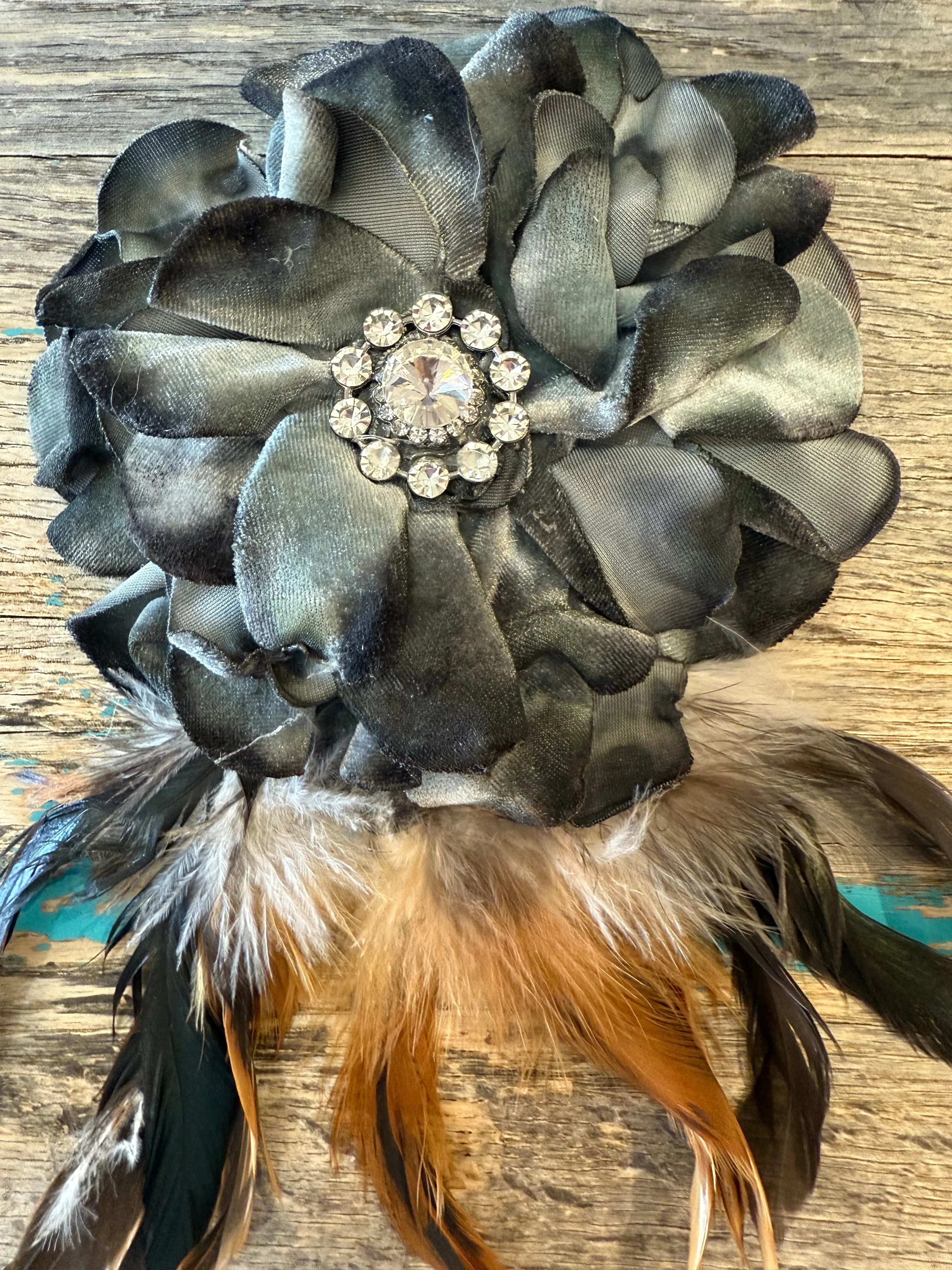 One of a Kind Flower Brooch w/Grey Feathers
