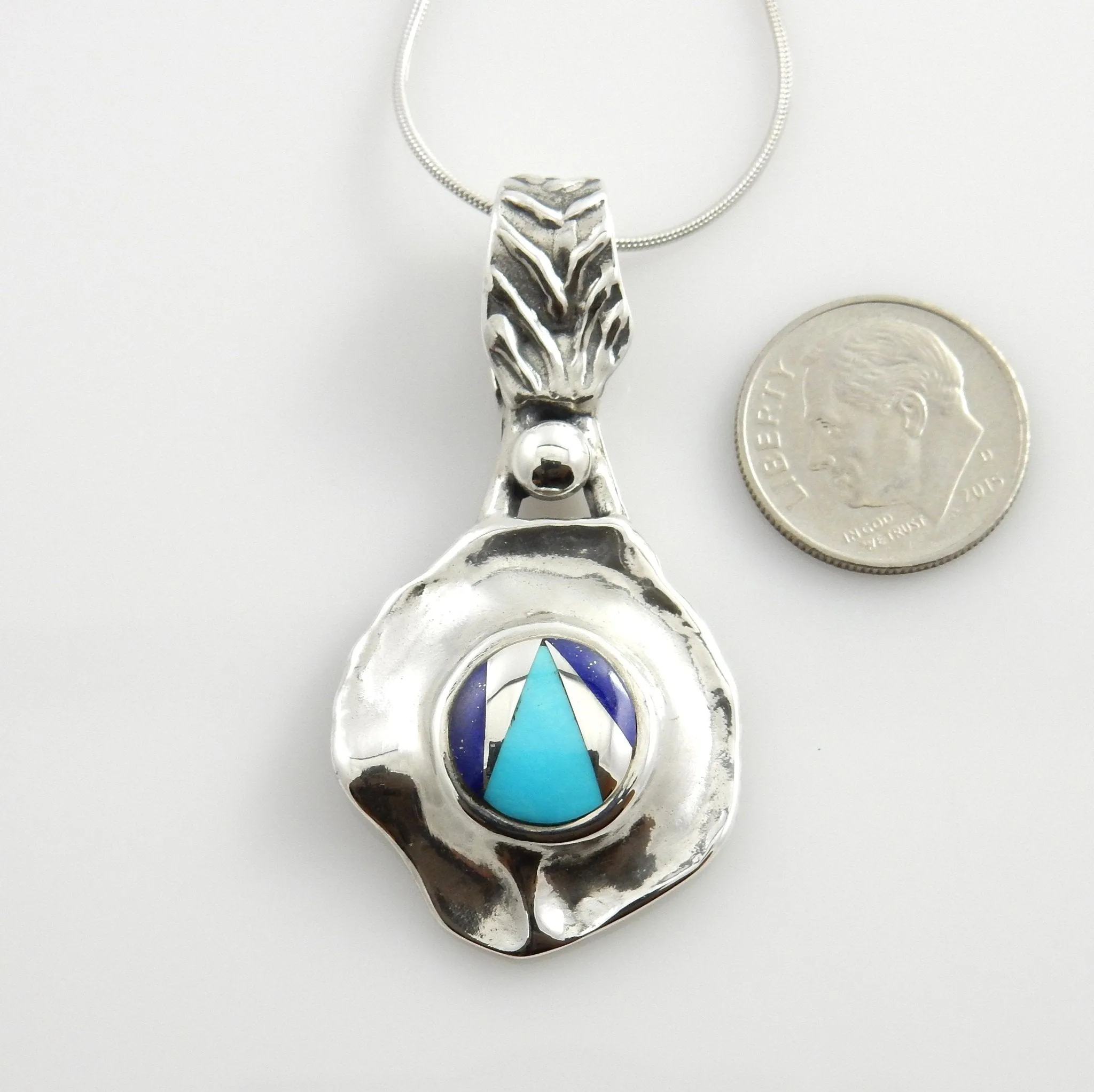 One of a Kind Sterling Turquoise Lapis Silver Inlay Pendant