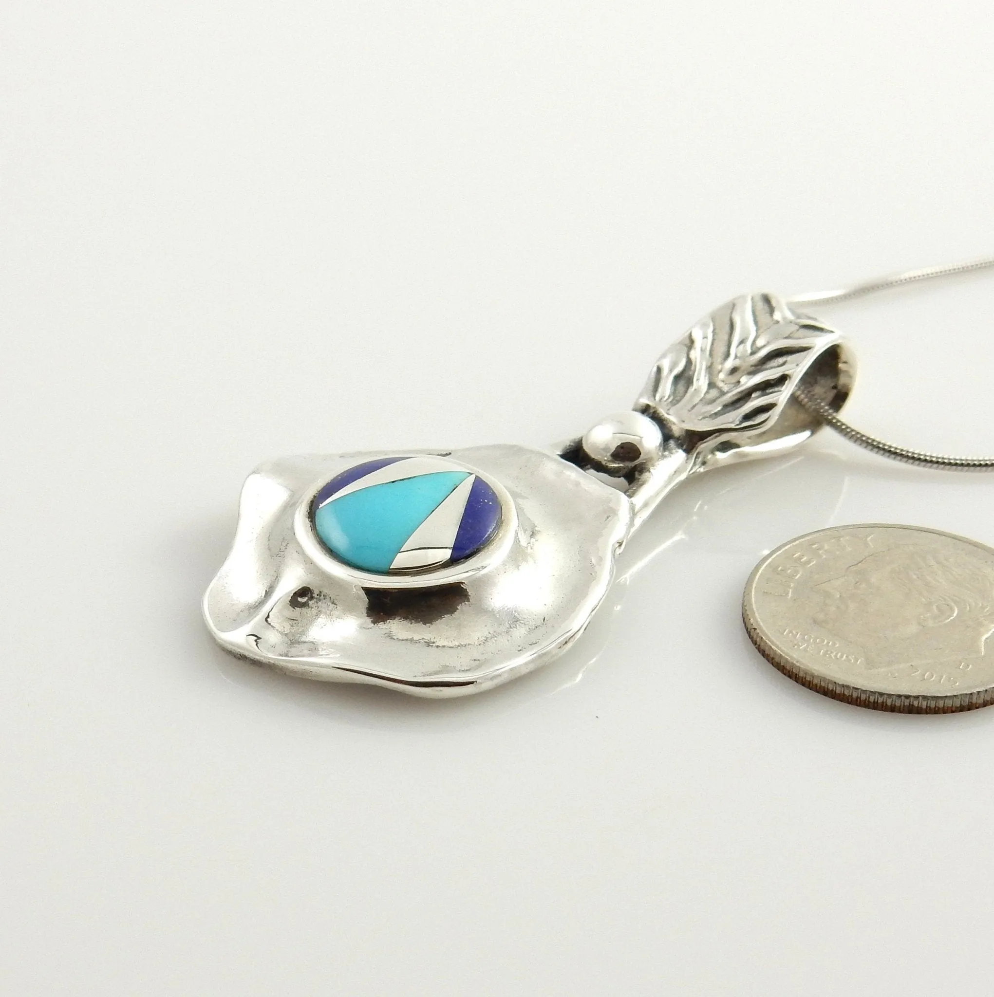 One of a Kind Sterling Turquoise Lapis Silver Inlay Pendant