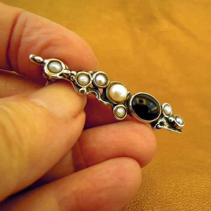 Onyx Pearl Brooch 925 Sterling SilverHandmade Artistic Hadar Designers (H) LAST