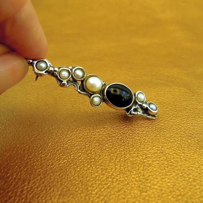 Onyx Pearl Brooch 925 Sterling SilverHandmade Artistic Hadar Designers (H) LAST