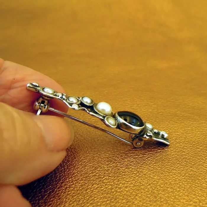 Onyx Pearl Brooch 925 Sterling SilverHandmade Artistic Hadar Designers (H) LAST