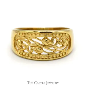Open Flower and Leaf Designed Beaded Tapered Band in 18k Yellow Gold
