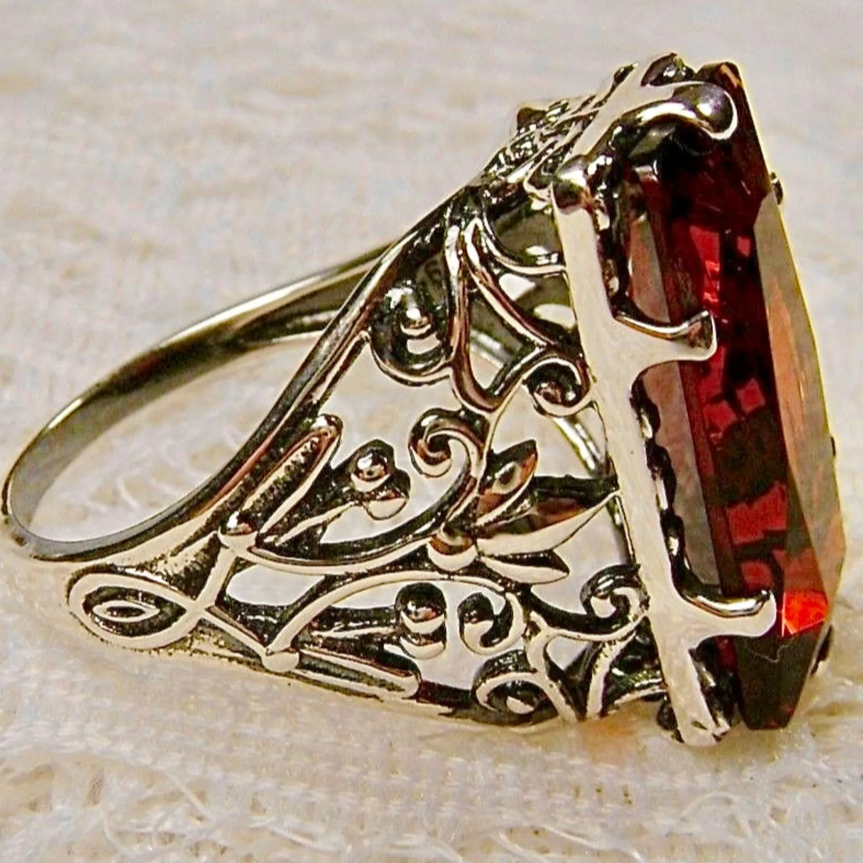 Orange Citrine Ring, Baguette Gem, Floral Leaf Filigree, Victorian Jewelry, D32