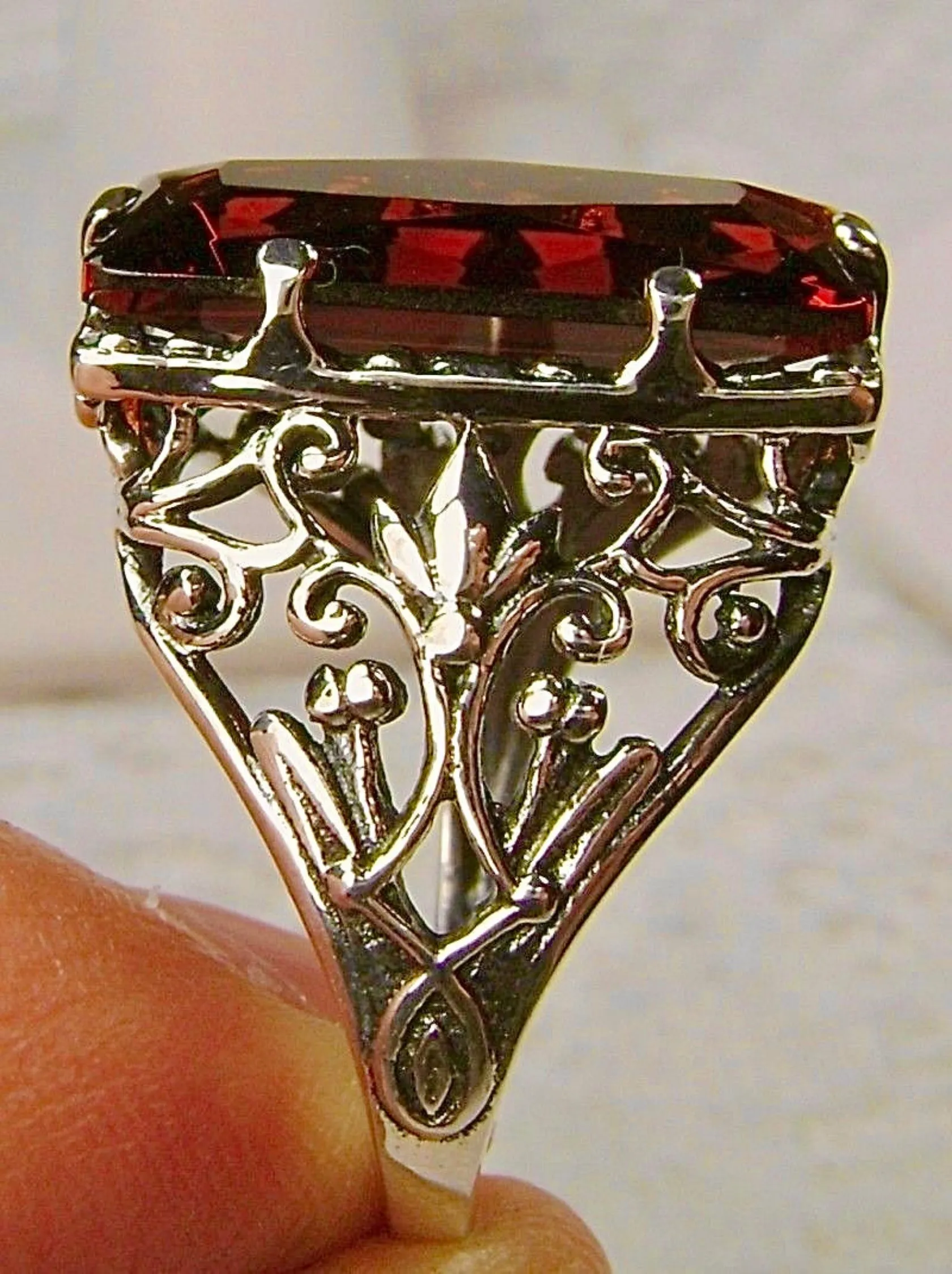 Orange Citrine Ring, Baguette Gem, Floral Leaf Filigree, Victorian Jewelry, D32