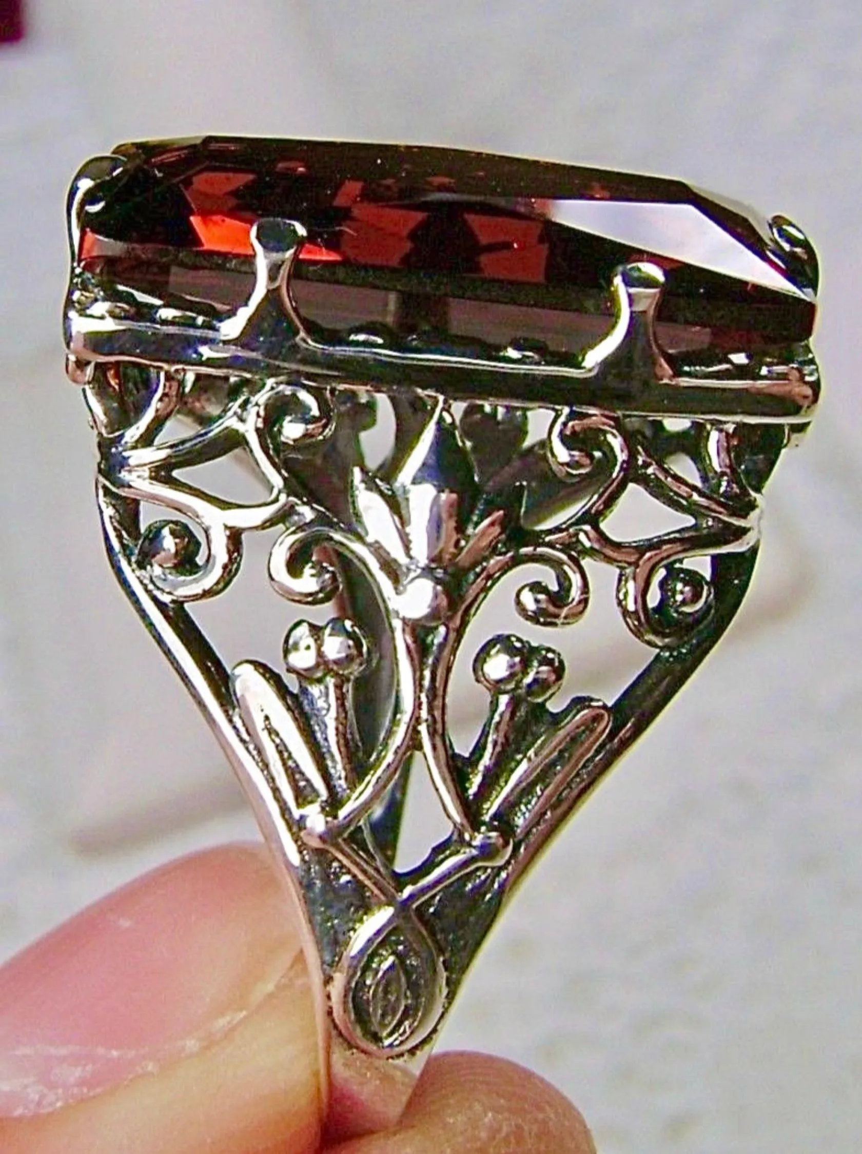 Orange Citrine Ring, Baguette Gem, Floral Leaf Filigree, Victorian Jewelry, D32